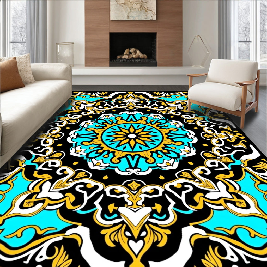 Vibrant Black Turquoise Gold Medallion Rug