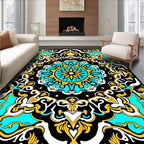 Vibrant Black Turquoise Gold Medallion Rug