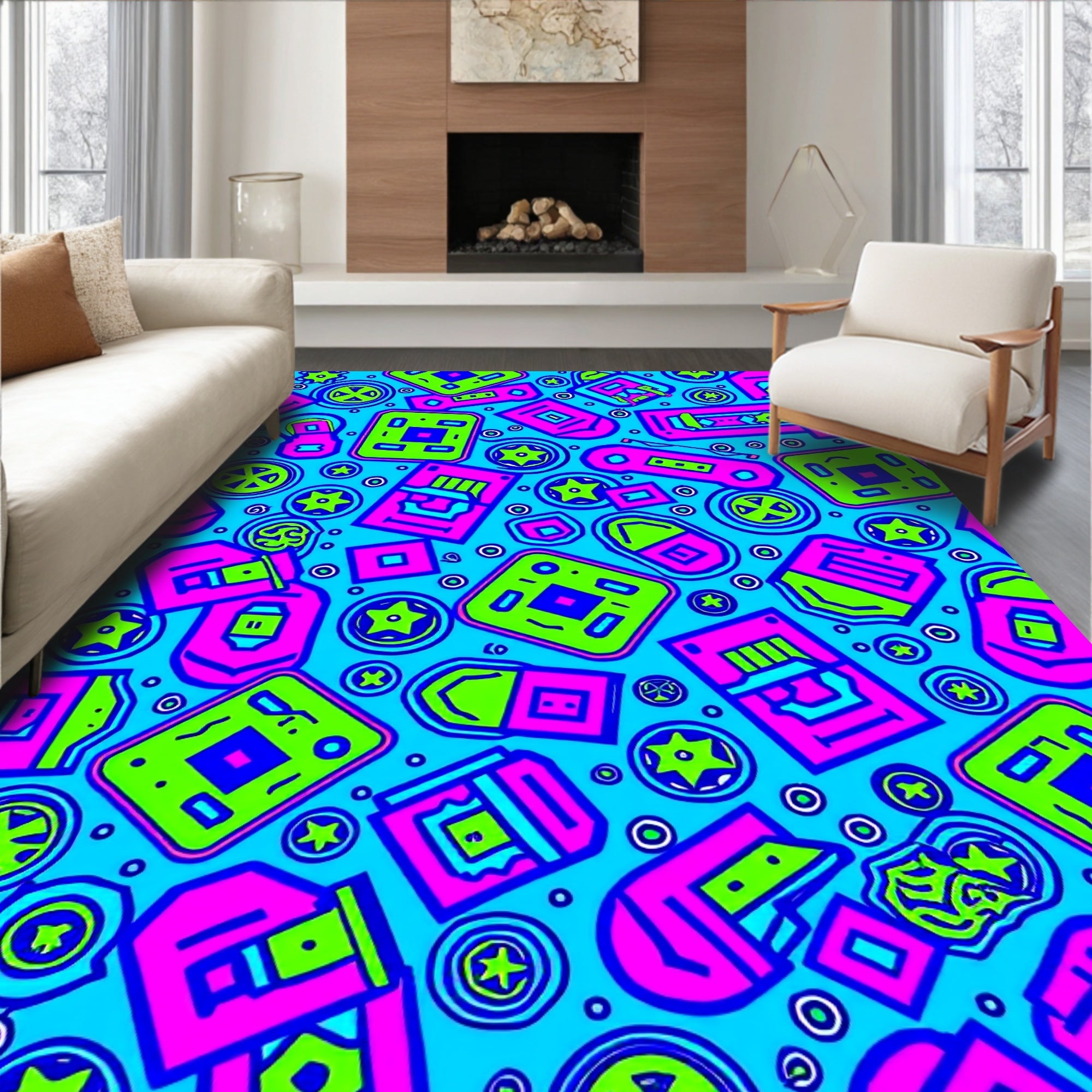 Retro Neon Tech Cassette Cloud Rug