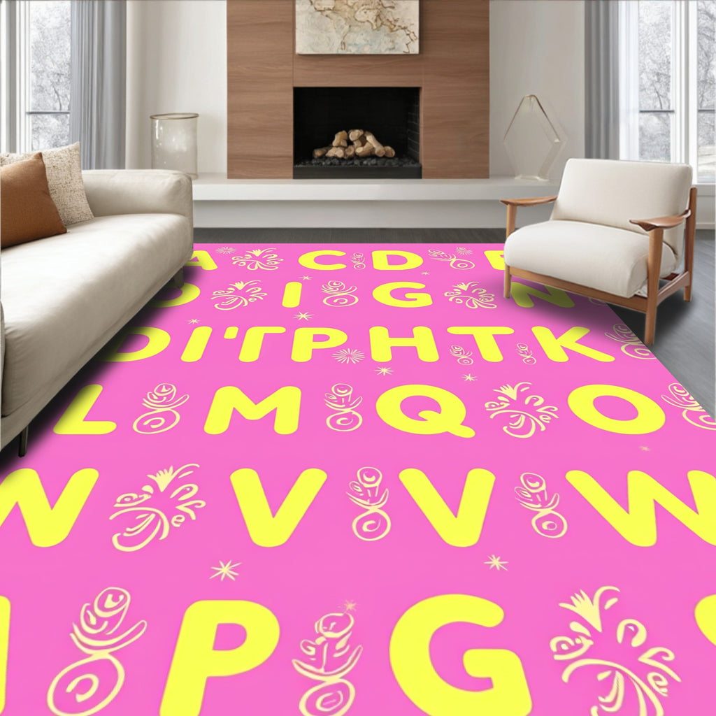 Vibrant Yellow Alphabet Letters Pink Rug