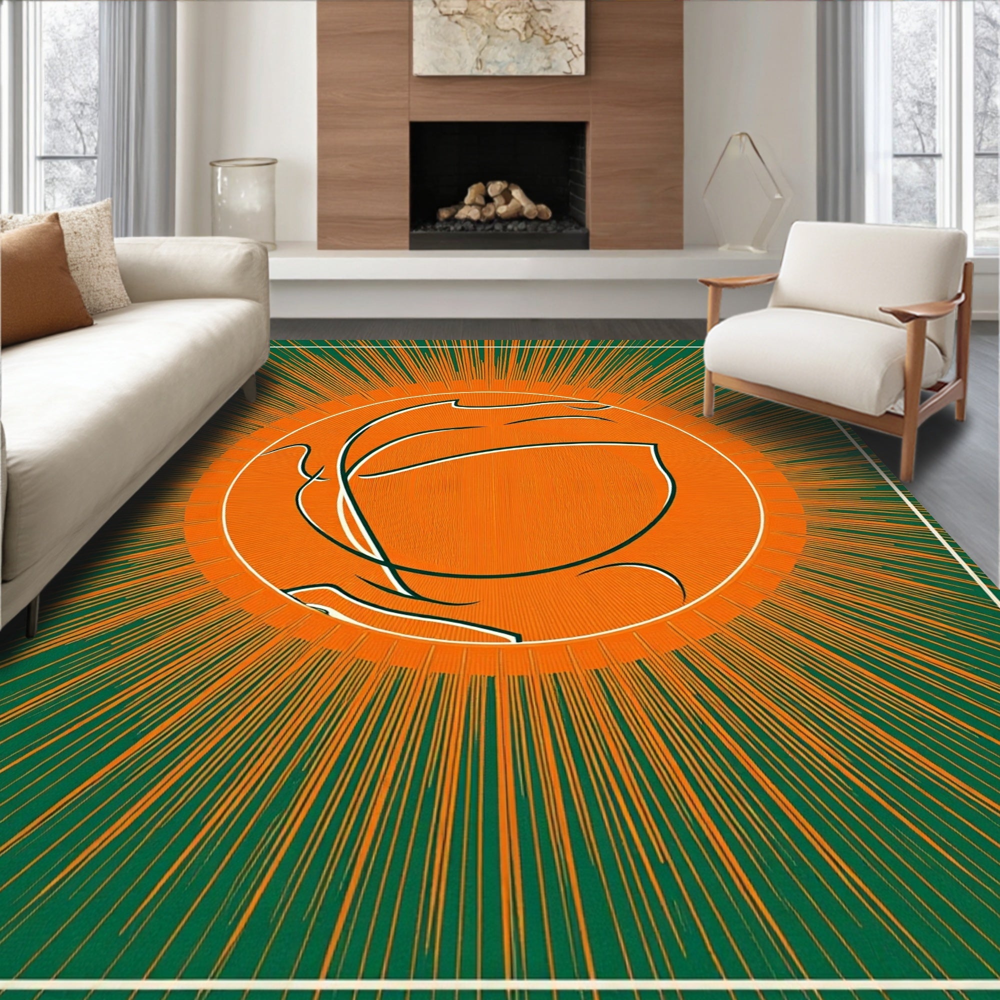 Radiant Orange Green Burst Medallion Rug