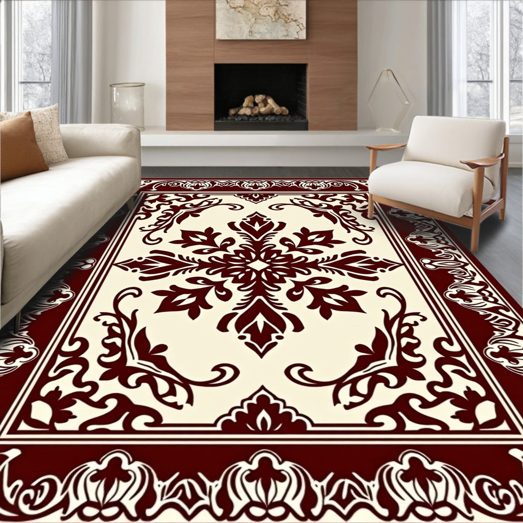 Rich Crimson Scrollwork Centered Artwork Rug