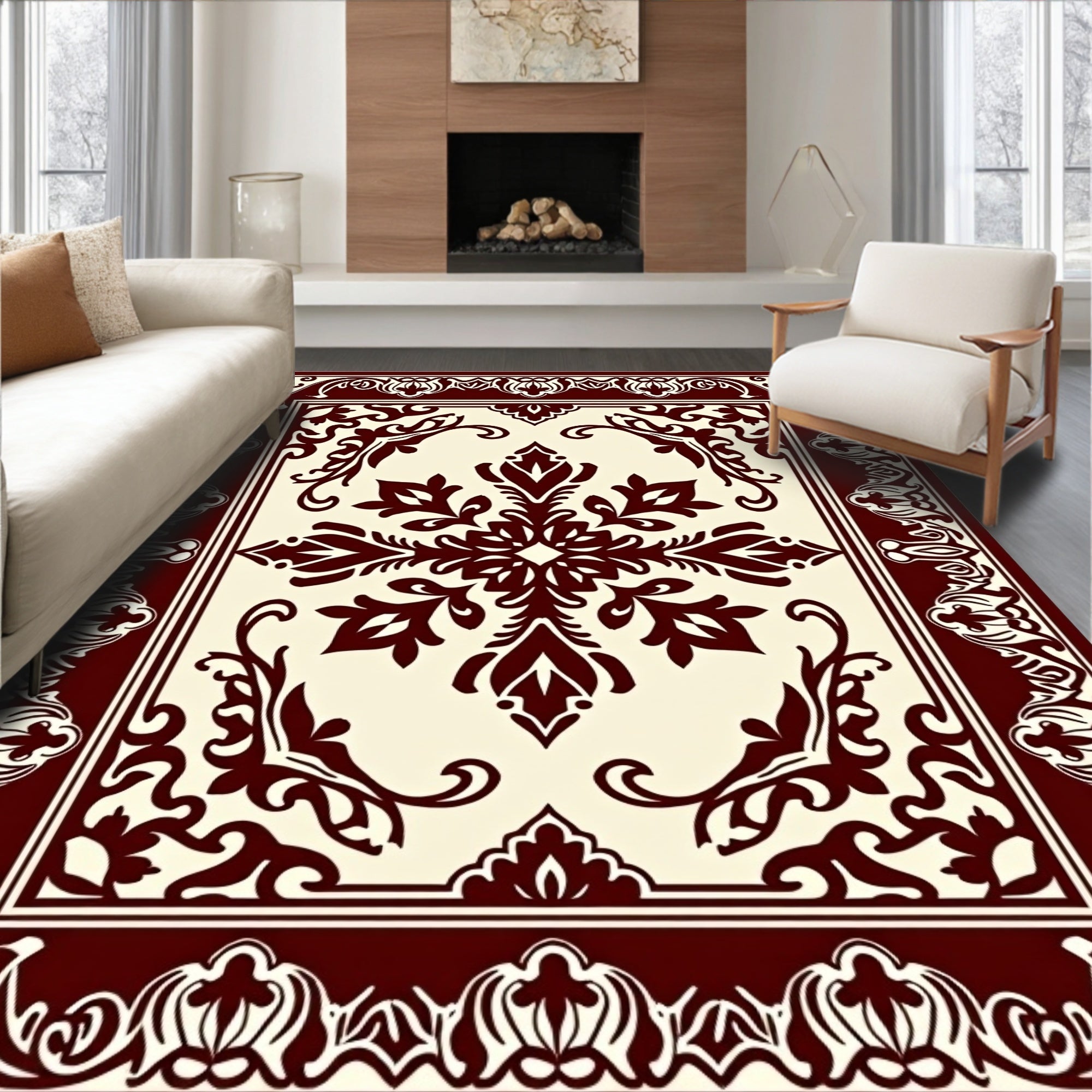 Rich Crimson Scrollwork Centered Artwork Rug