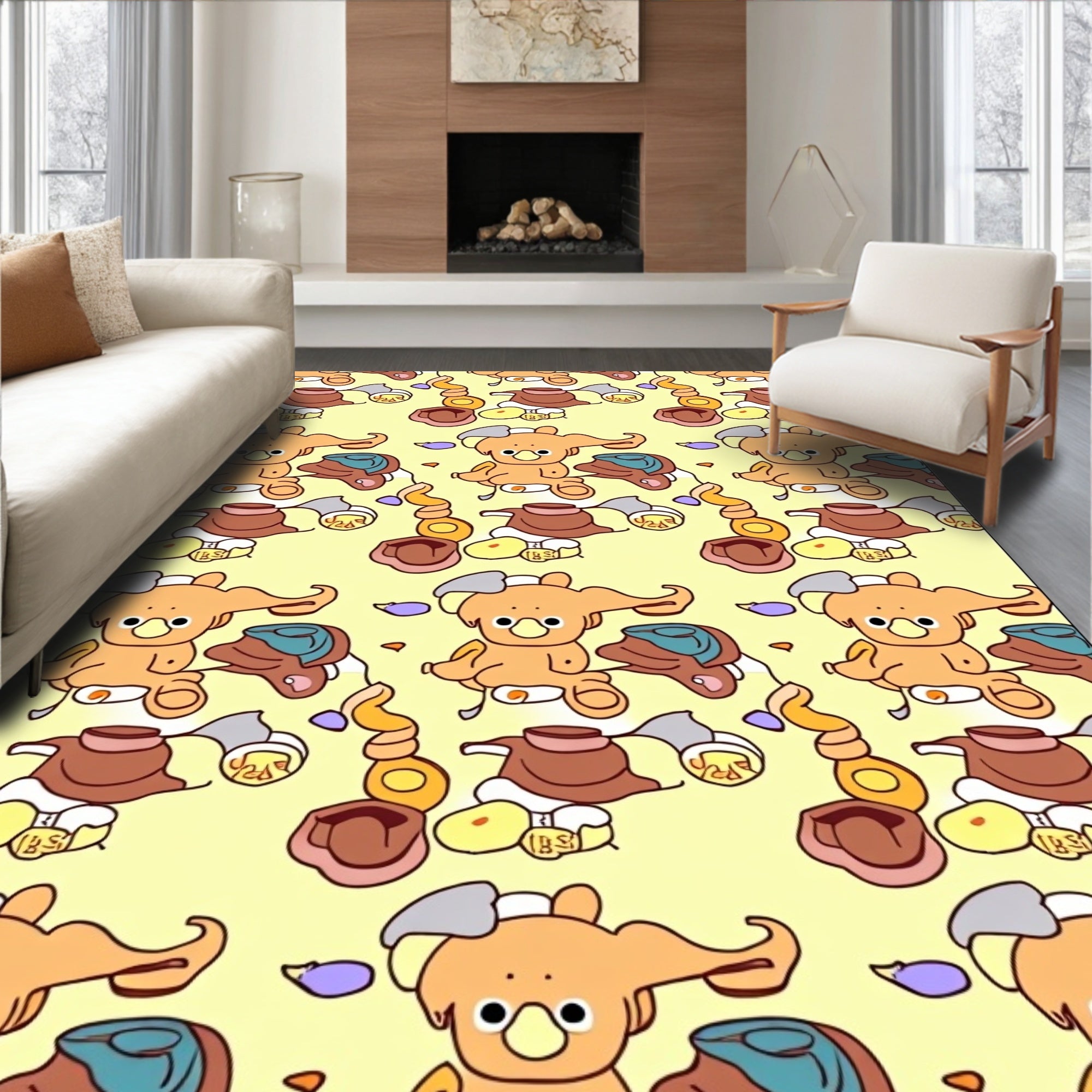 Whimsical Cartoon Bear Yellow Repeating Rug