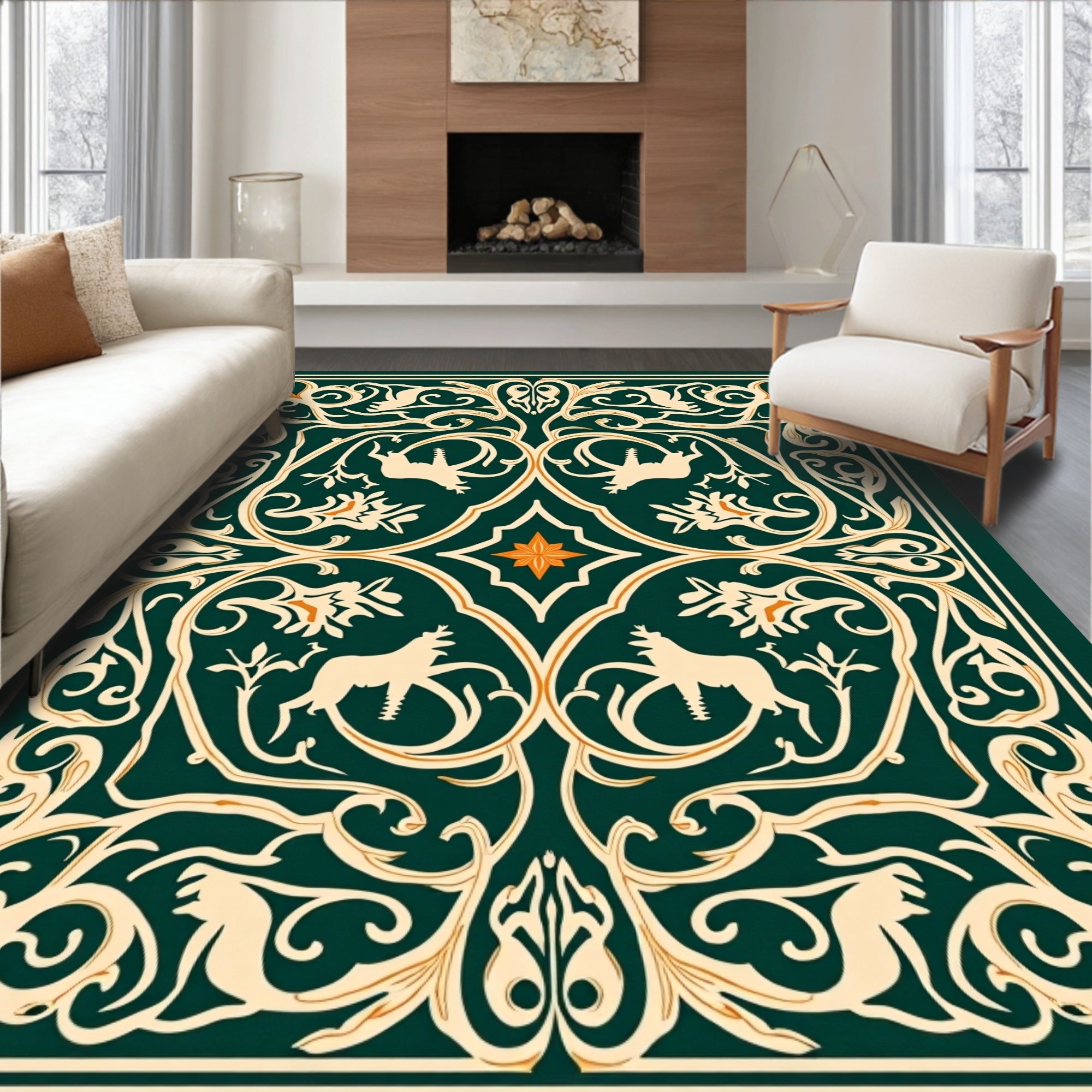 Emerald Green Art Nouveau Animal Medallion Rug