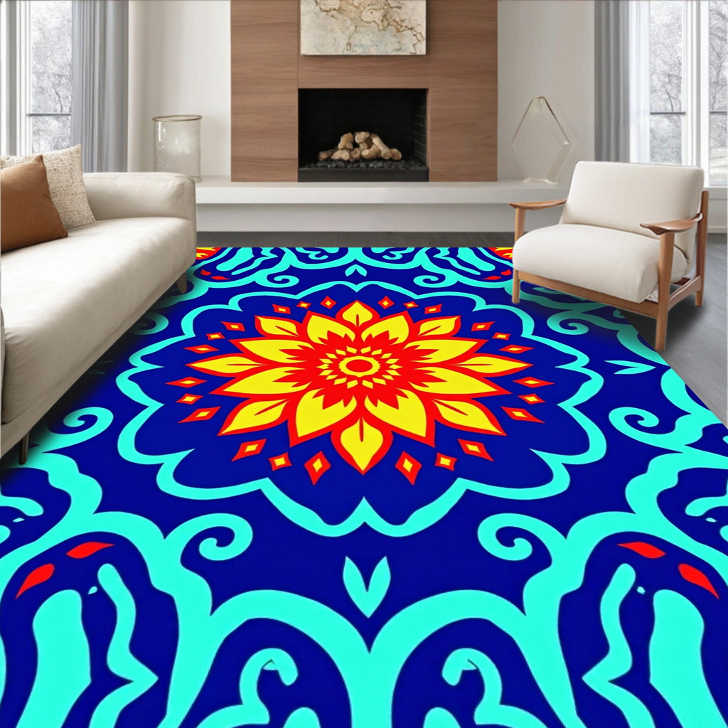 Vibrant Red Yellow Flower Medallion Rug
