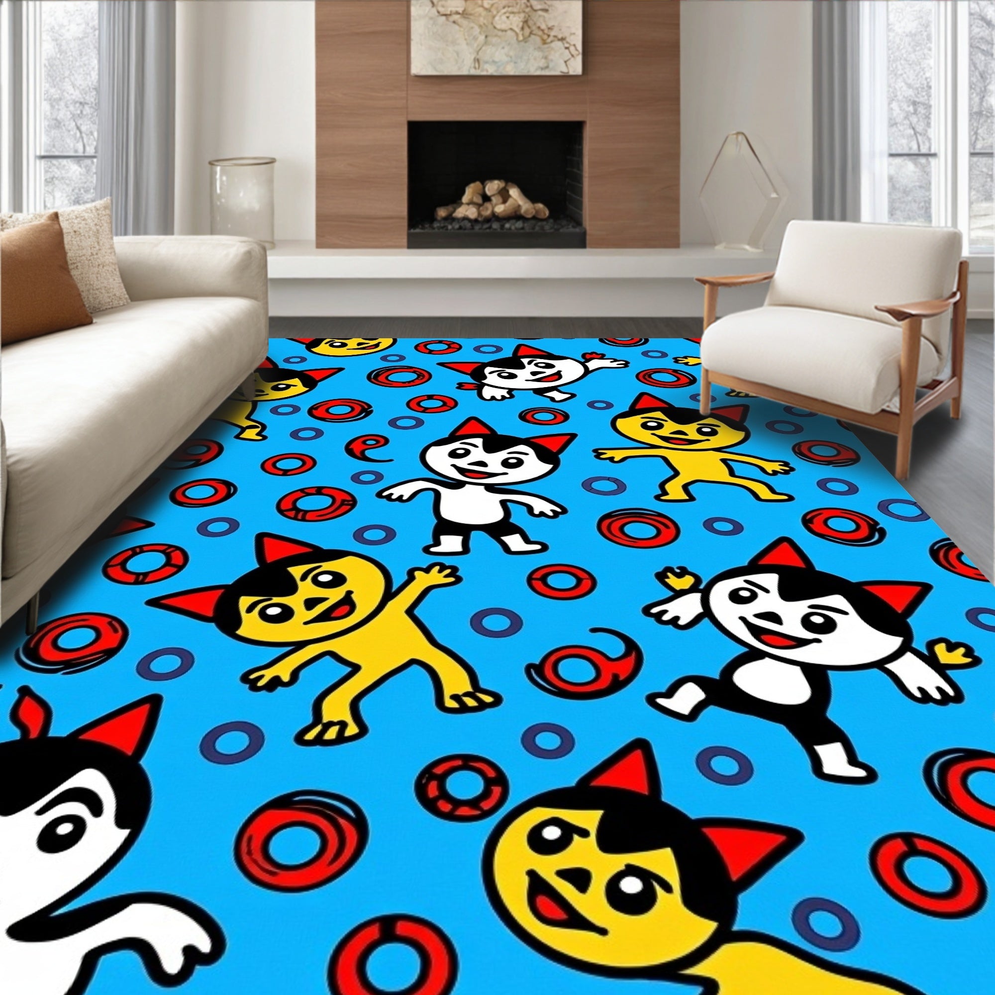 Playful Cartoon Characters Blue Backdrop Rug
