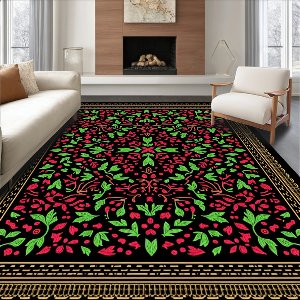 Verdant Crimson Leaf Floral Medallion Rug