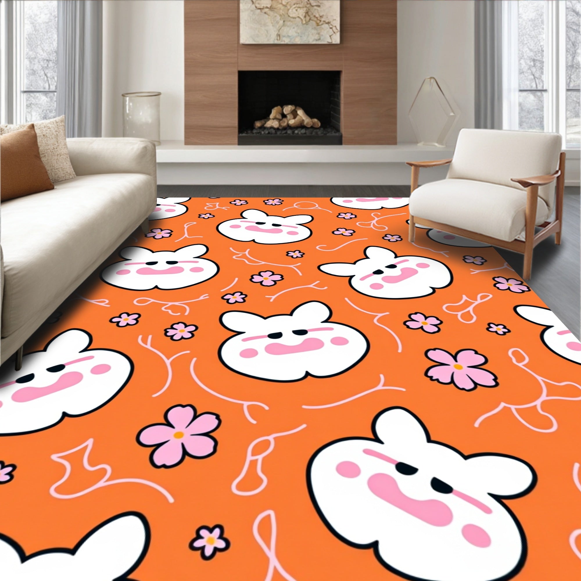 Cute White Rabbit Orange Floral Rug