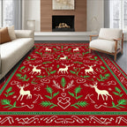 Crimson Red Deer and Foliage Art Rug