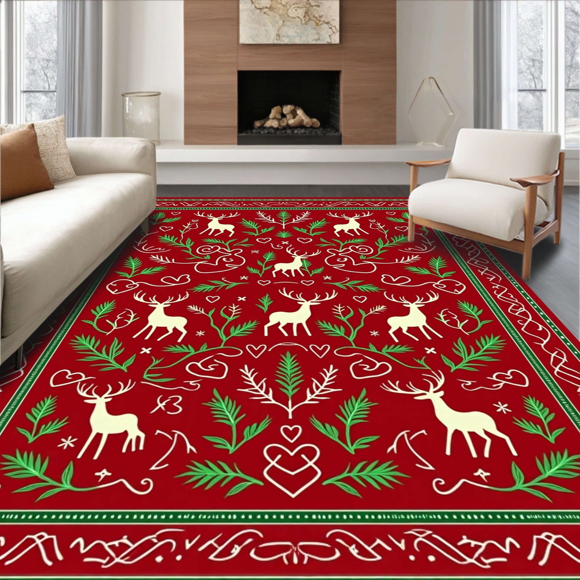 Crimson Red Deer and Foliage Art Rug