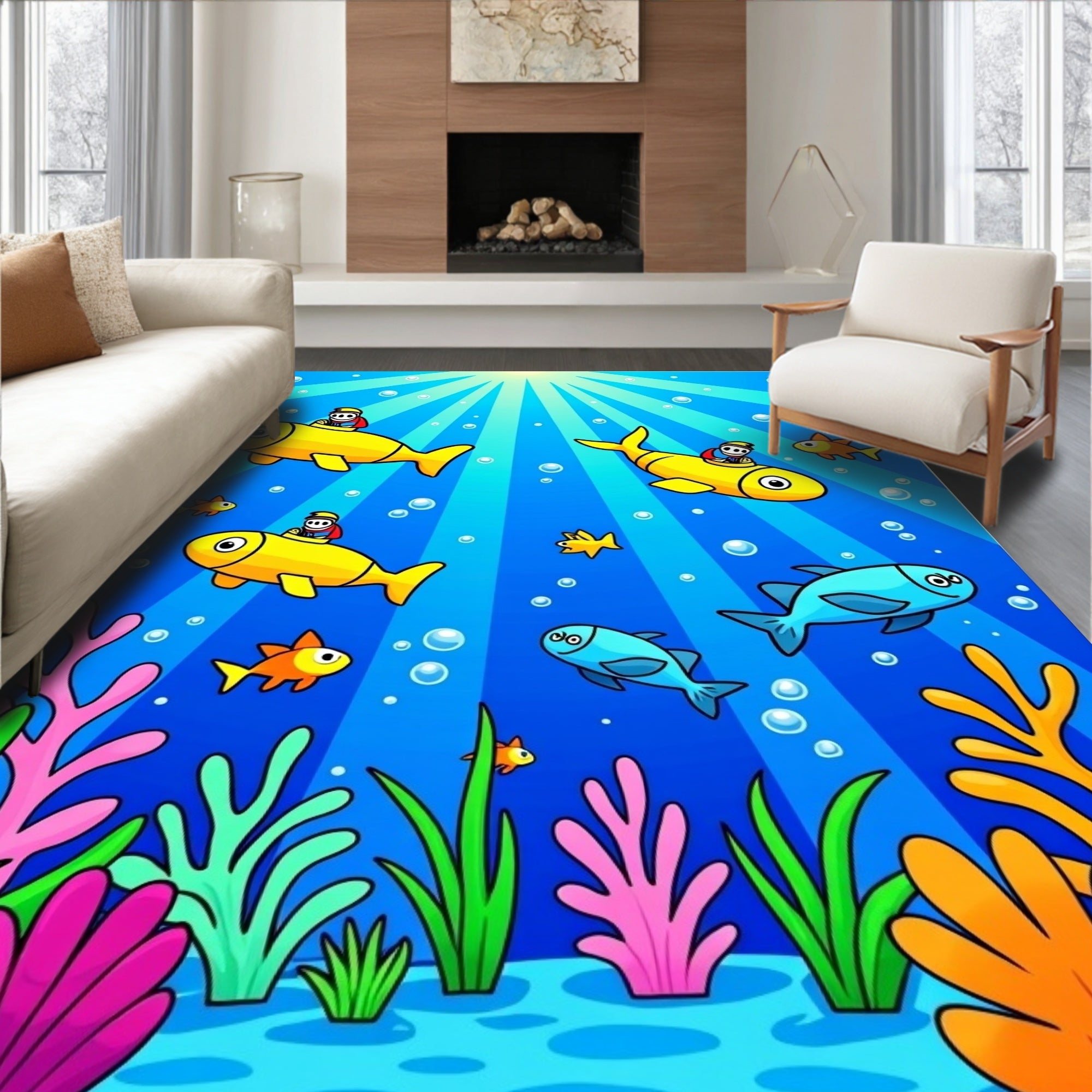 Underwater Yellow Fish Cartoon Scene Rug