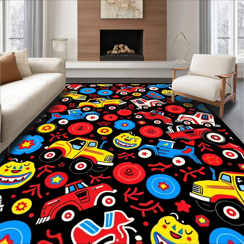 Whimsical Cartoon Vehicle Collage Rug