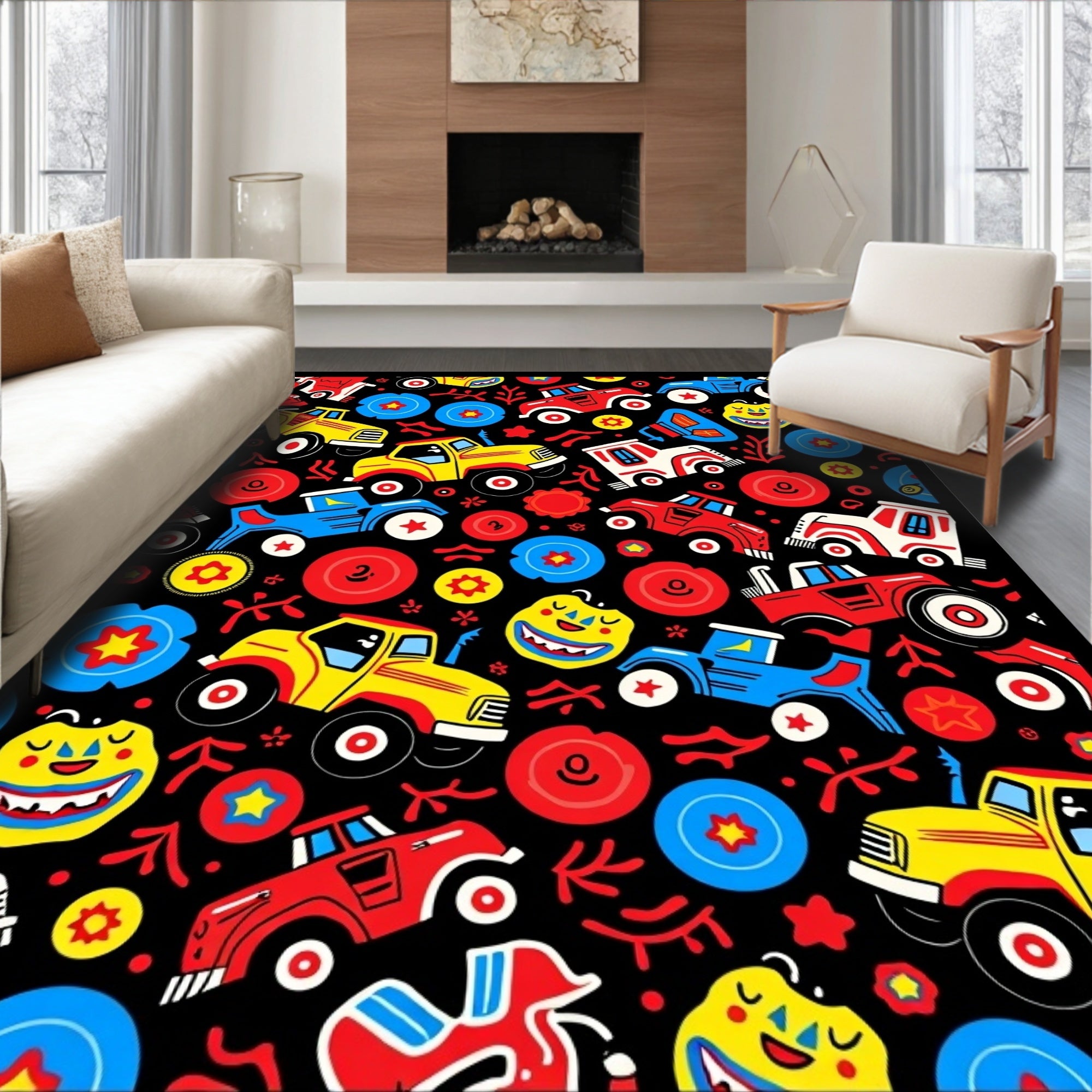 Whimsical Cartoon Vehicle Collage Rug