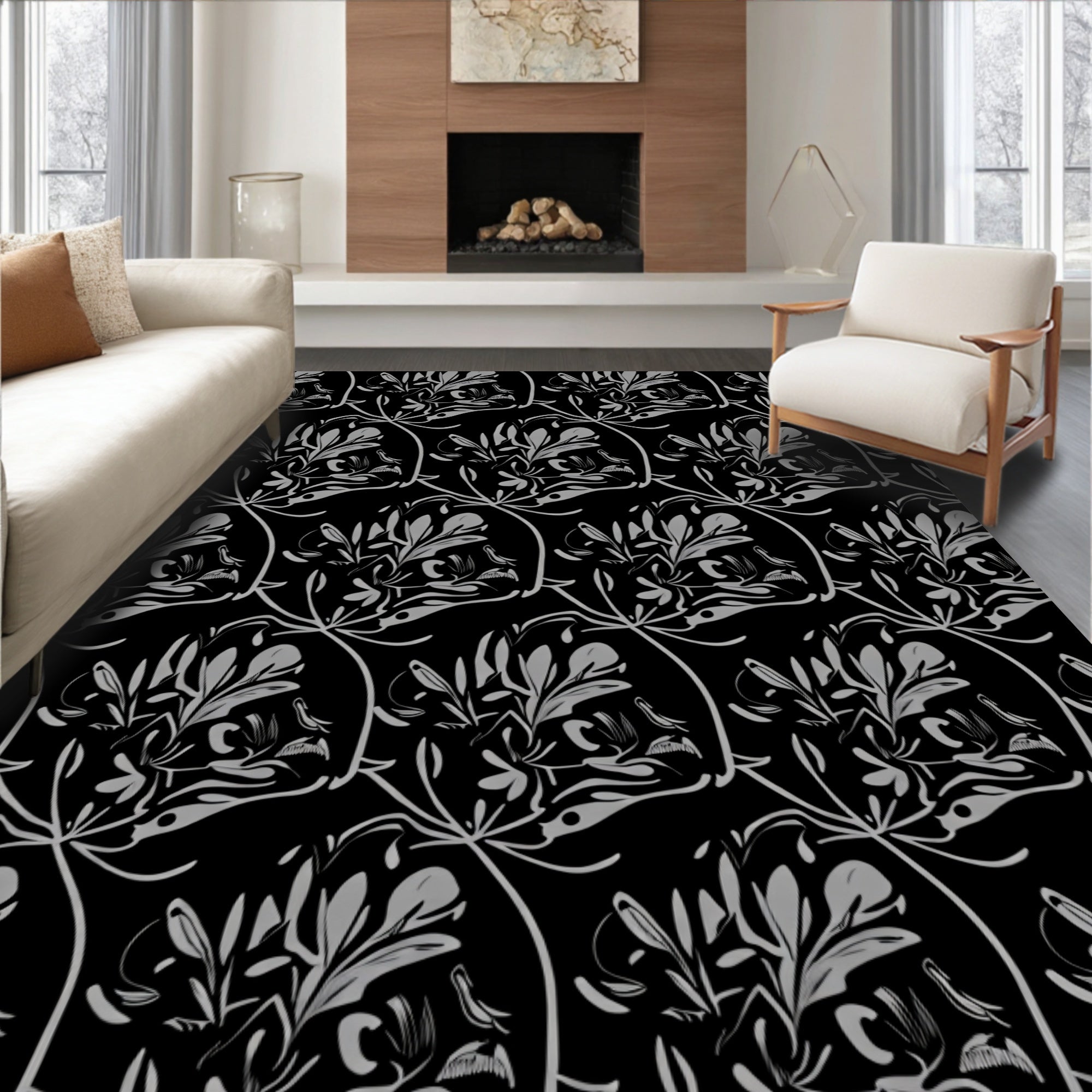 Monochromatic Botanical Vine Illustration Rug