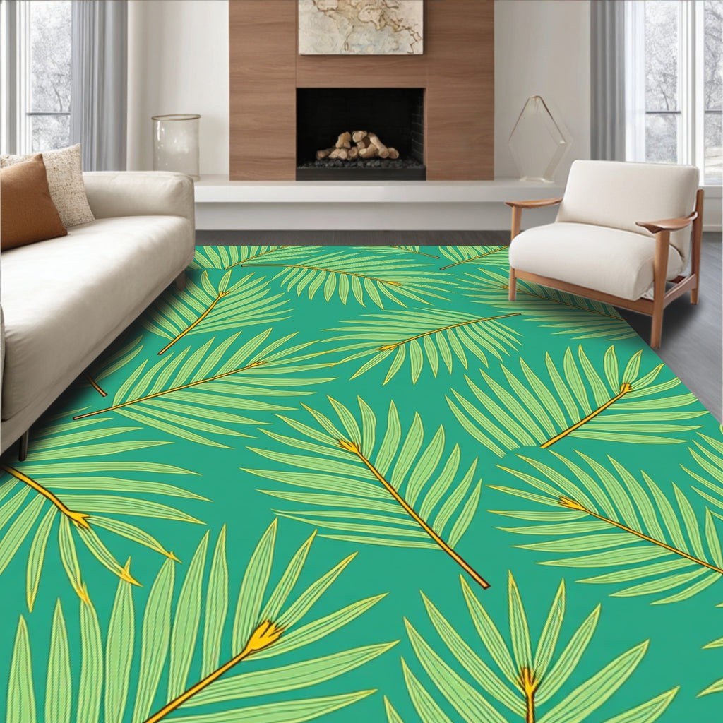 Green Palm Frond Teal Tropical Rug