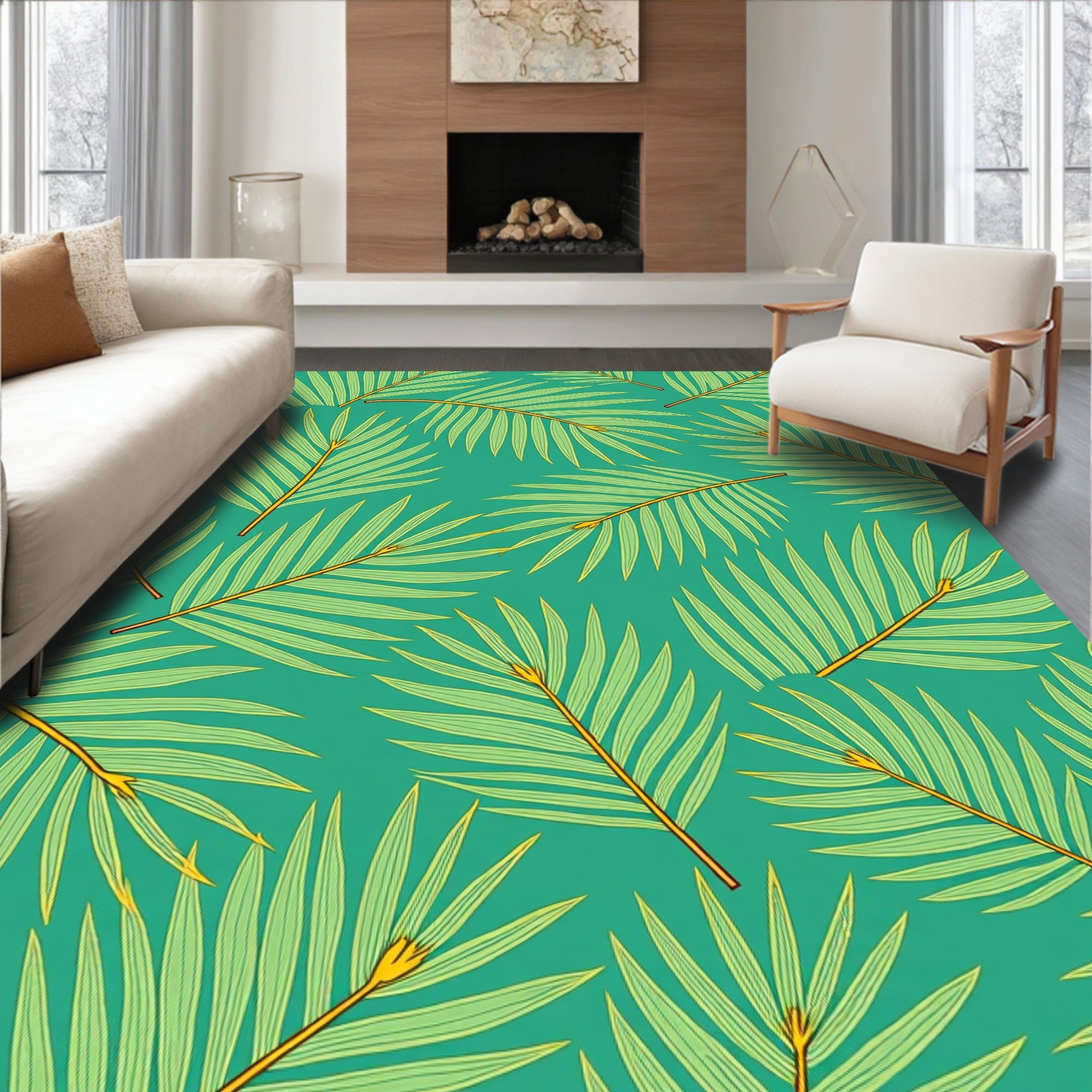 Green Palm Frond Teal Tropical Rug