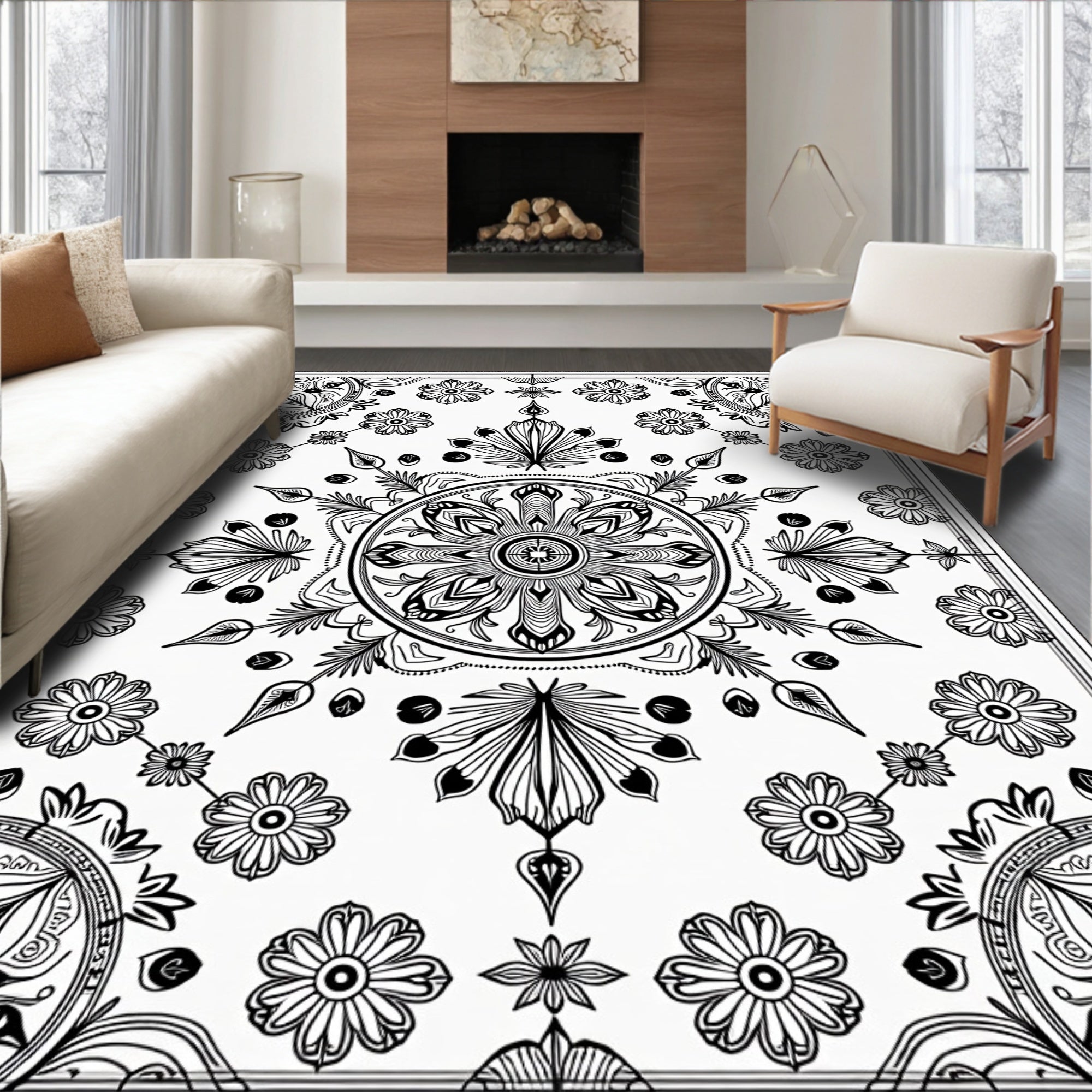 Black intricate floral mandala Rug