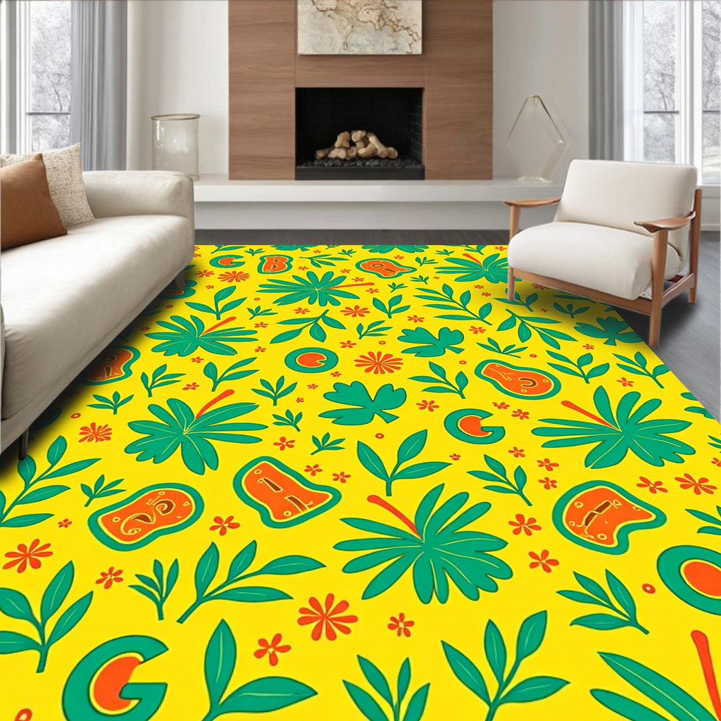 Bright Yellow Tropical Leaf and Letter Rug