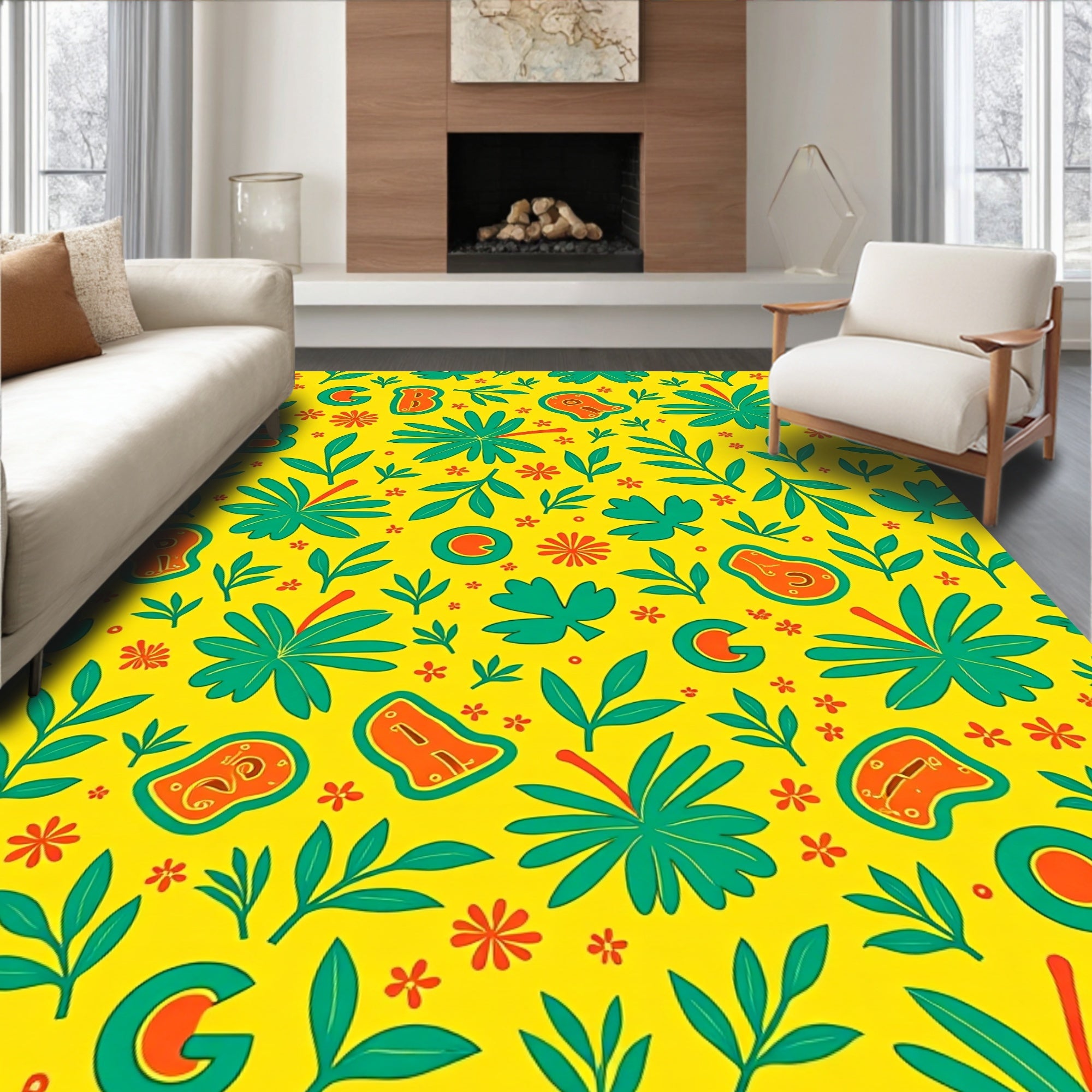 Bright Yellow Tropical Leaf and Letter Rug
