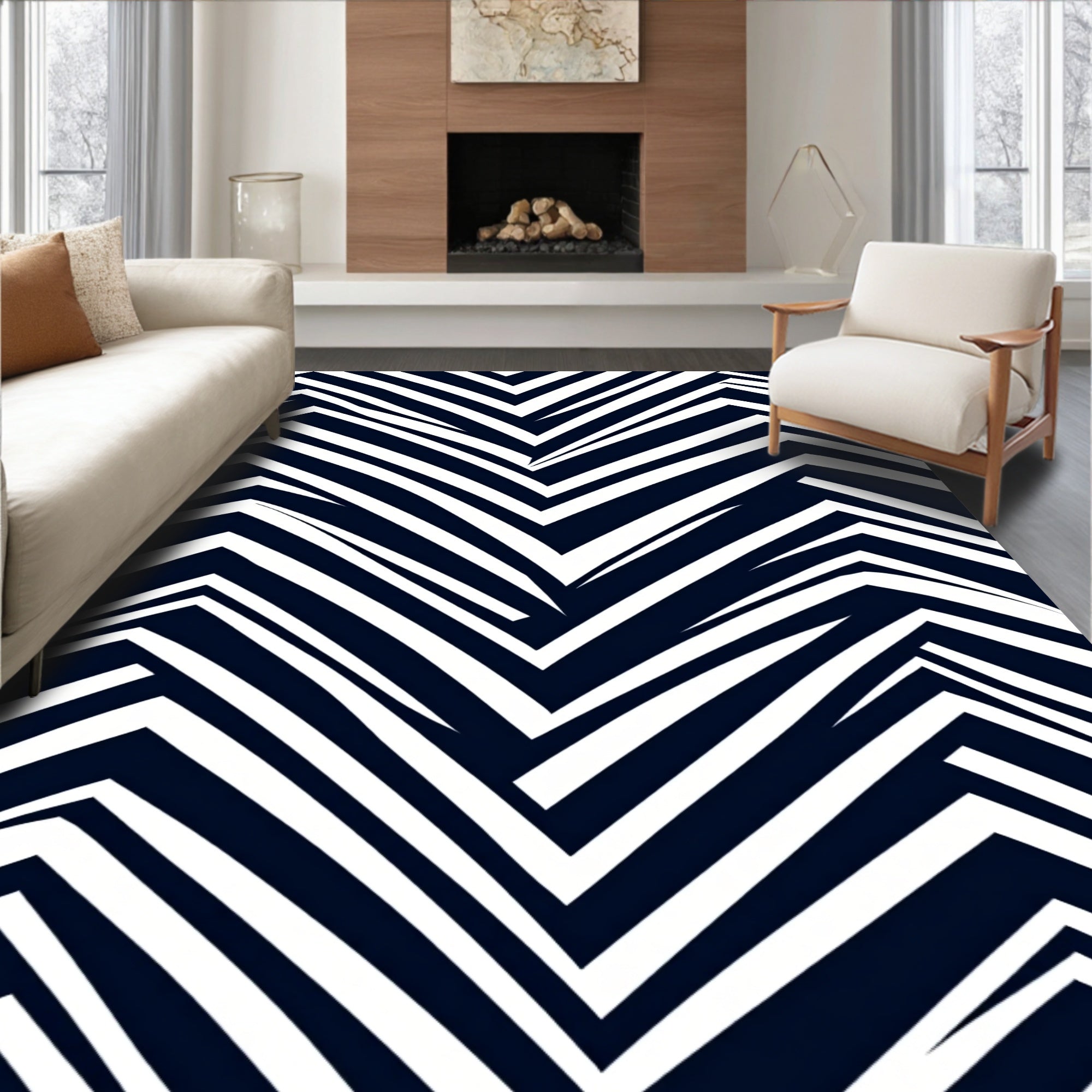 Deep Navy White Jagged Chevron Rug