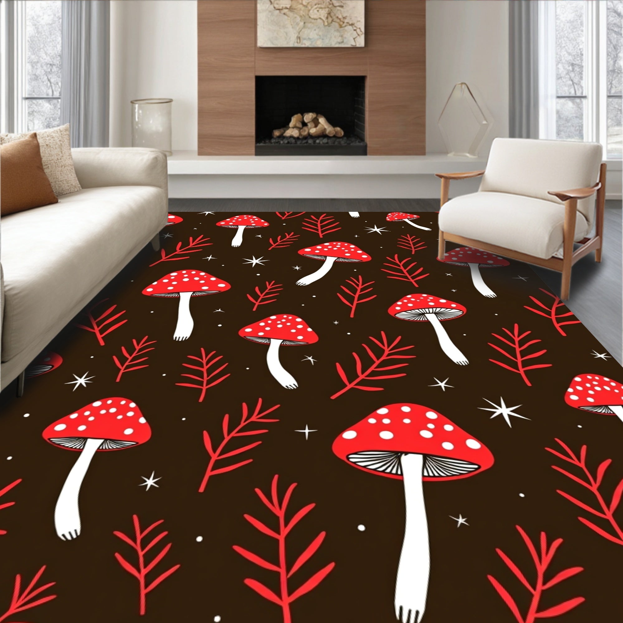 Whimsical Red Mushroom Foliage Woodland Rug