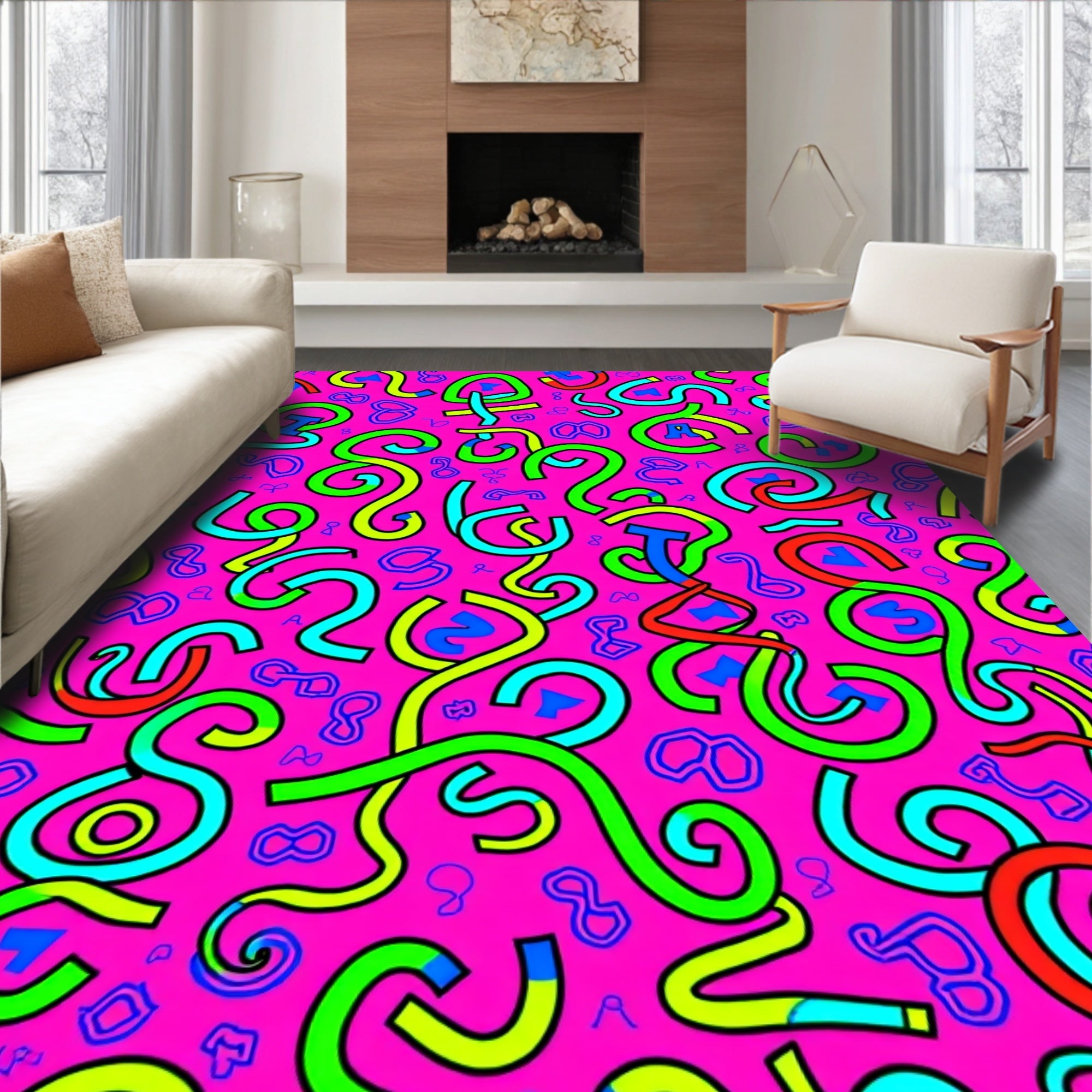 Vibrant Neon Scribble Abstract Rug