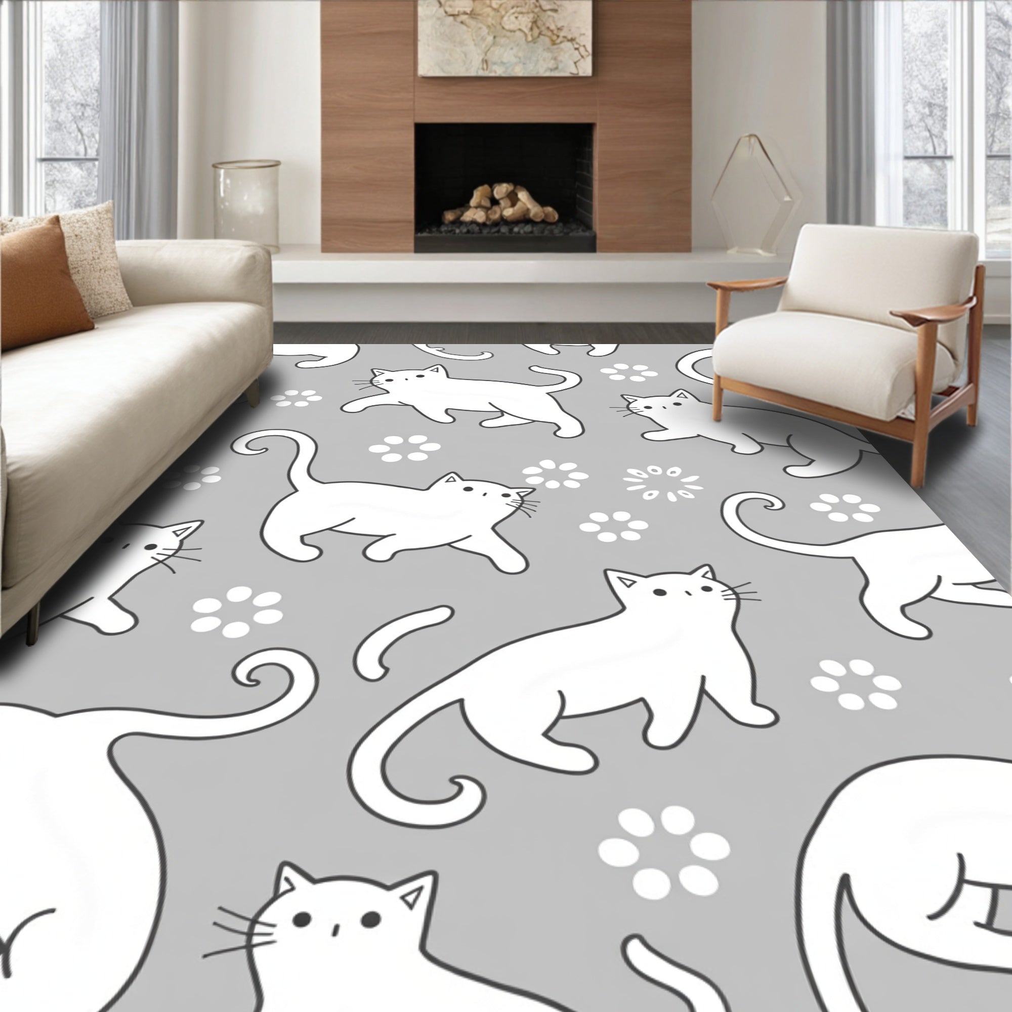 Playful White Cats Gray Floral Background Rug