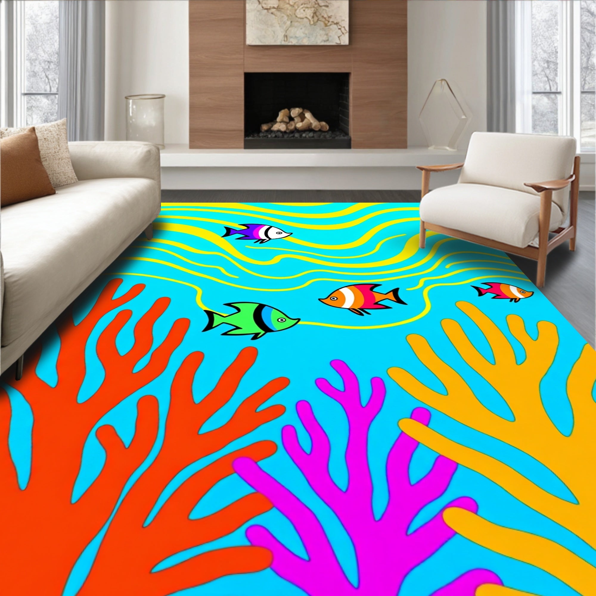 Coral Reef Fish With Yellow Waves Rug