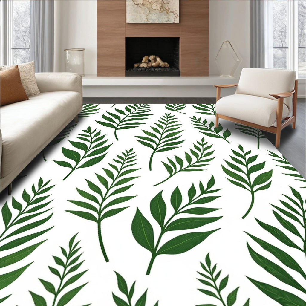 Green Fern Fronds White Background Rug