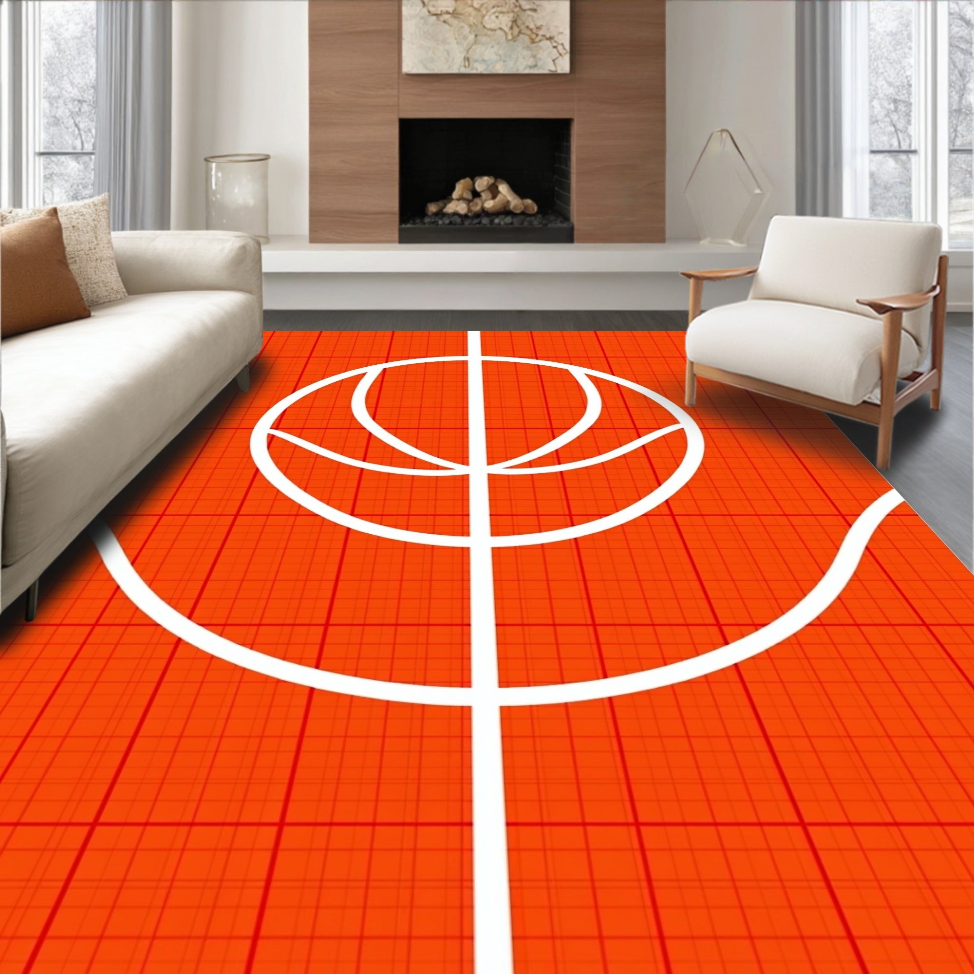 Bold Orange Basketball Court Graphics Rug