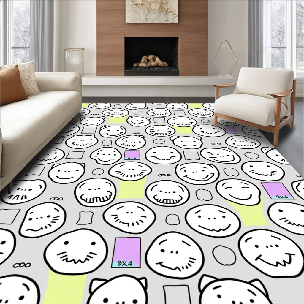 Whimsical Faces Gray Background Rug