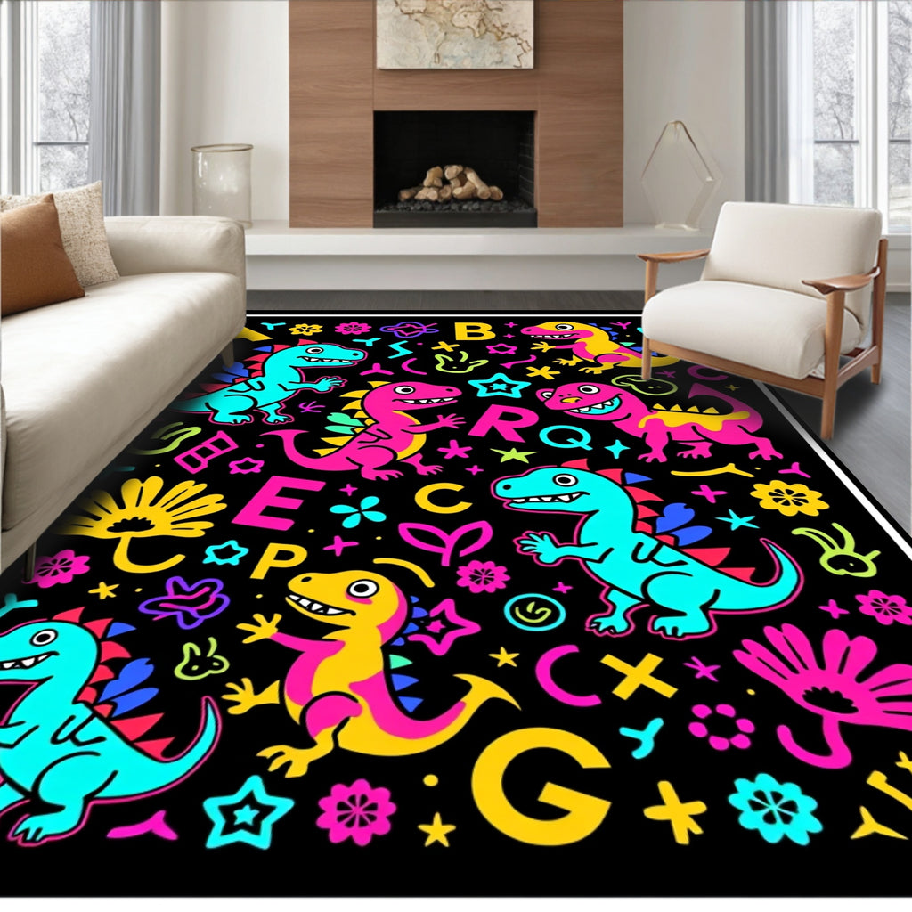 Retro Colorful Dinosaurs Alphabet Fun Rug