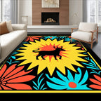 Vibrant Black Bull Floral Burst Rug