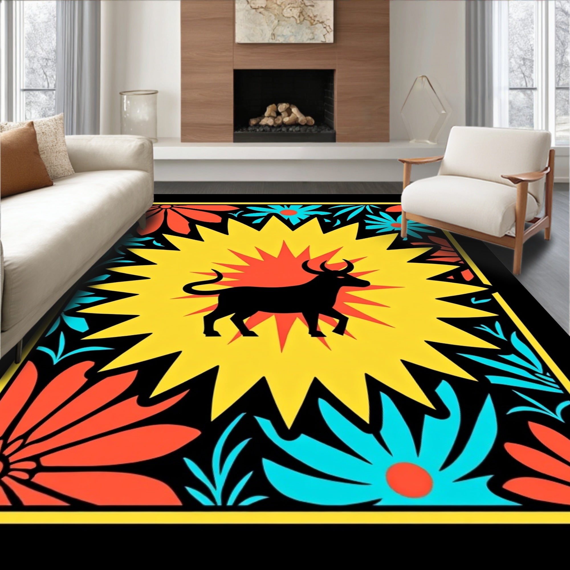 Vibrant Black Bull Floral Burst Rug