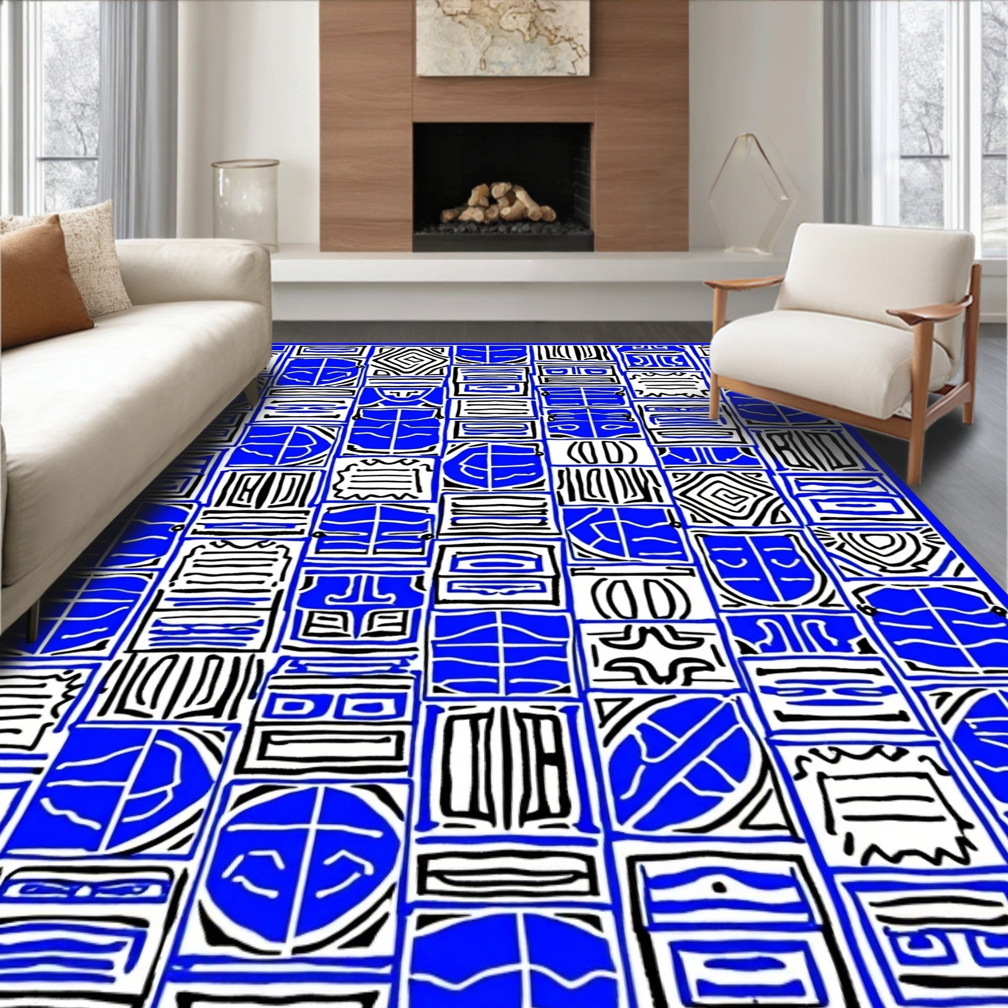Bold Blue Grid Abstract Squares Rug