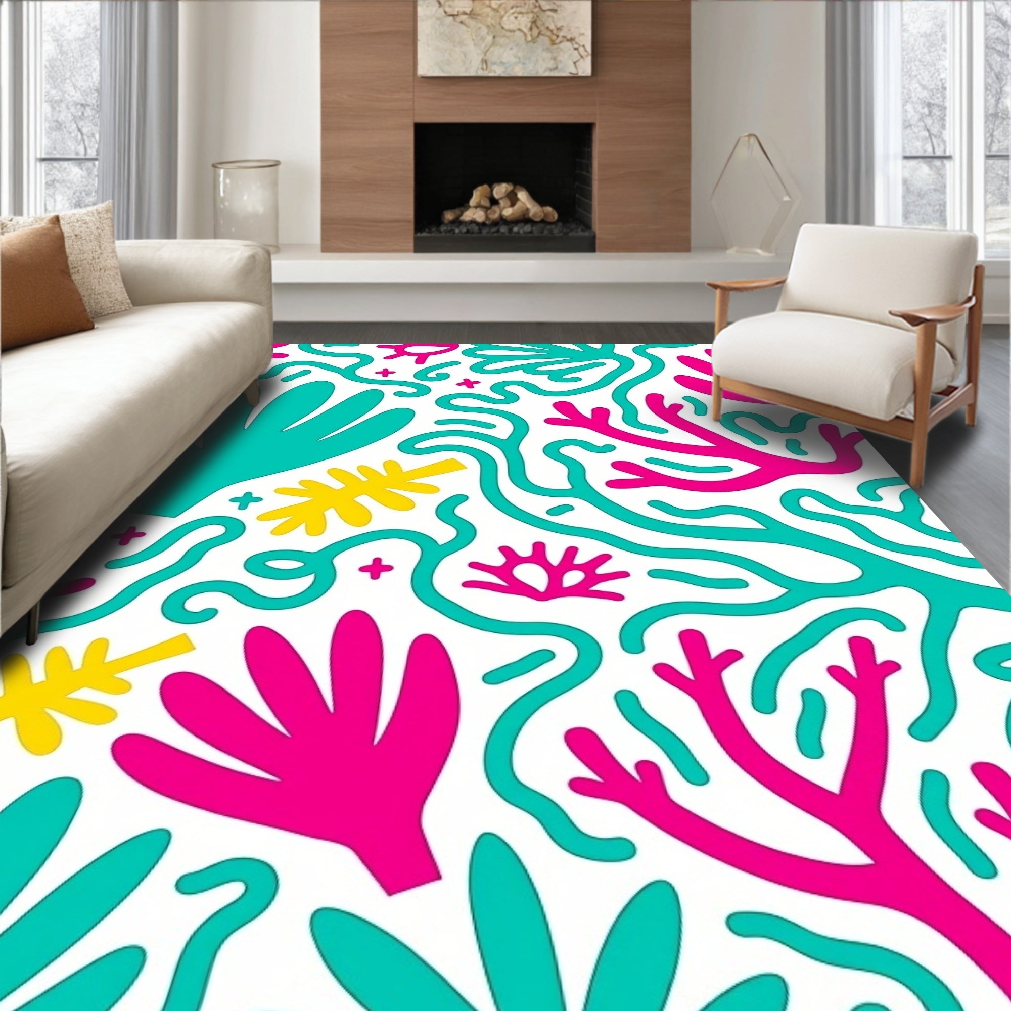 Abstract Coral Reef shapes Teal Pink Rug