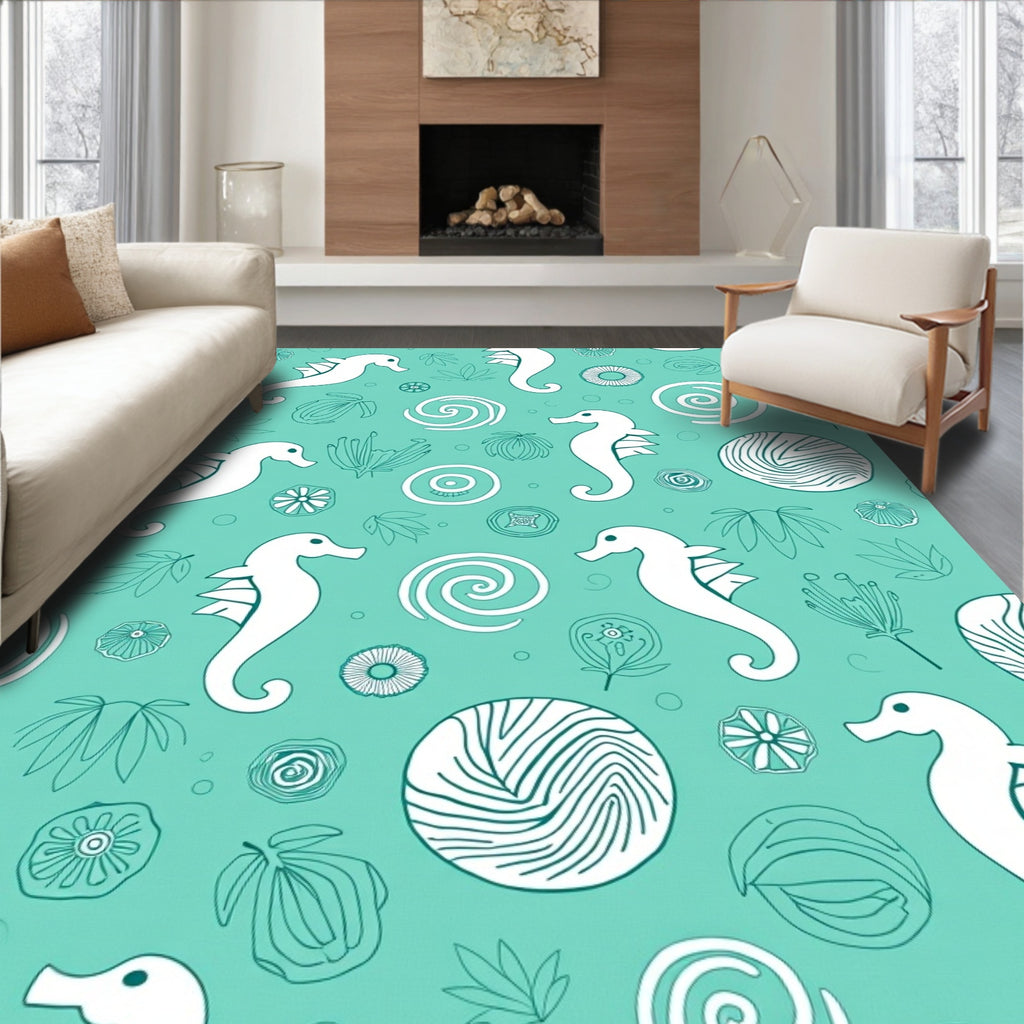Aqua Seahorse Swirl Foliage Medallions Rug