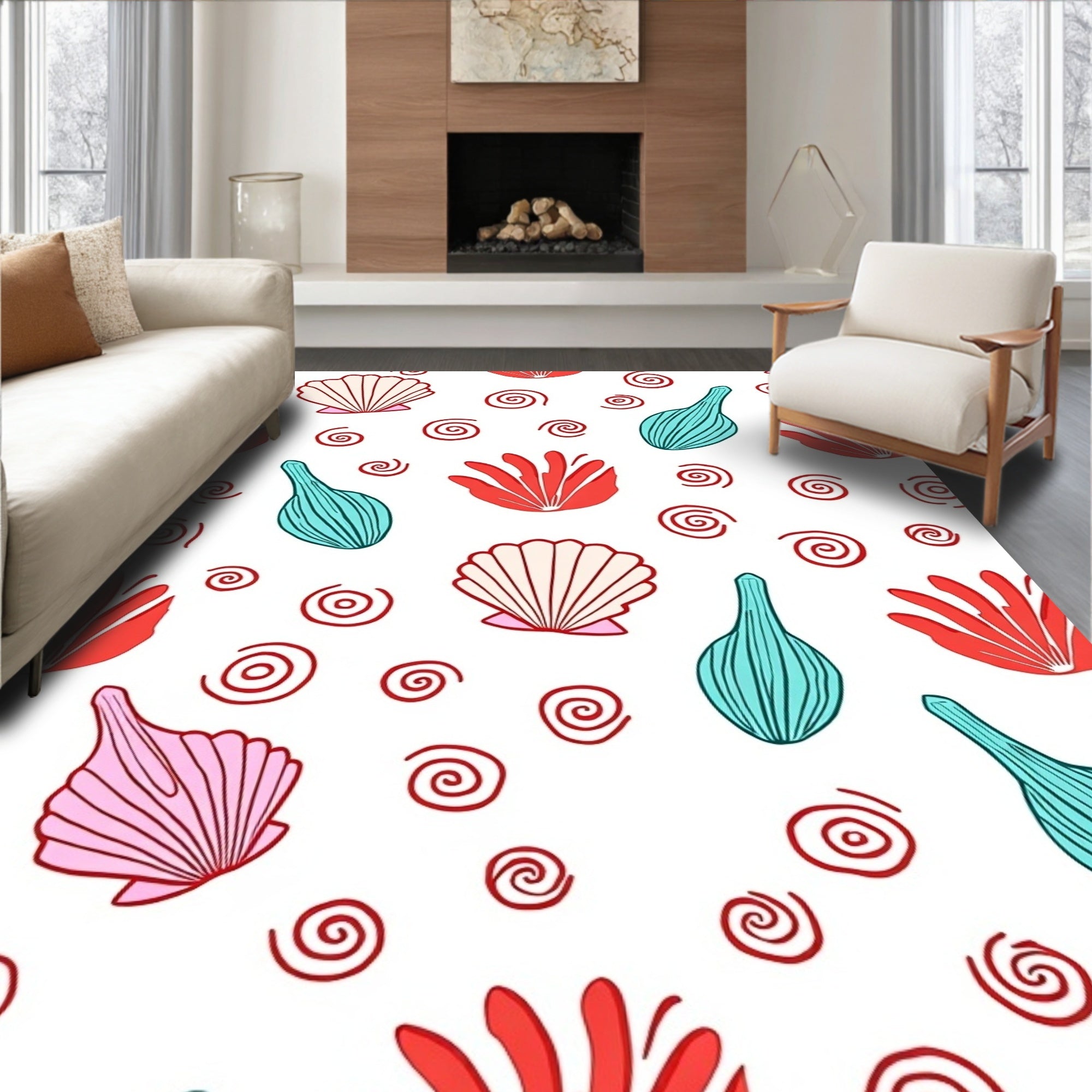 Coral Turquoise Seashell Spiral Ensemble Rug