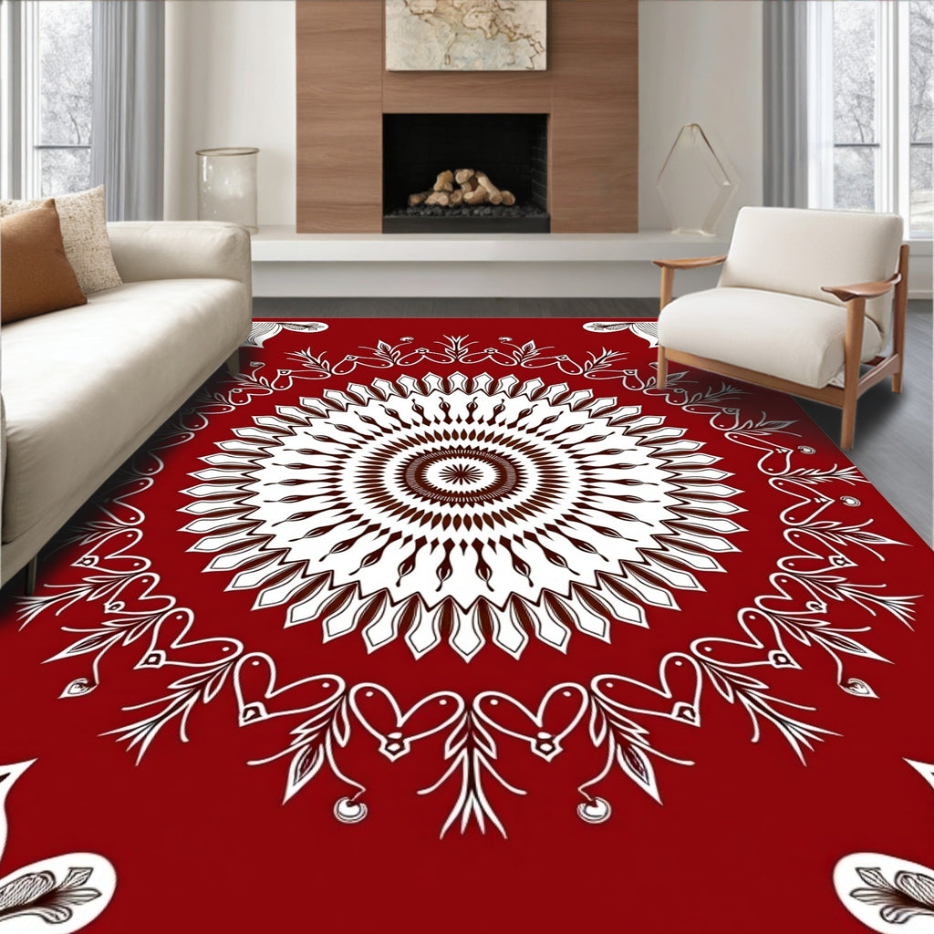 Cardinal Red Floral Geometric Mandala Rug