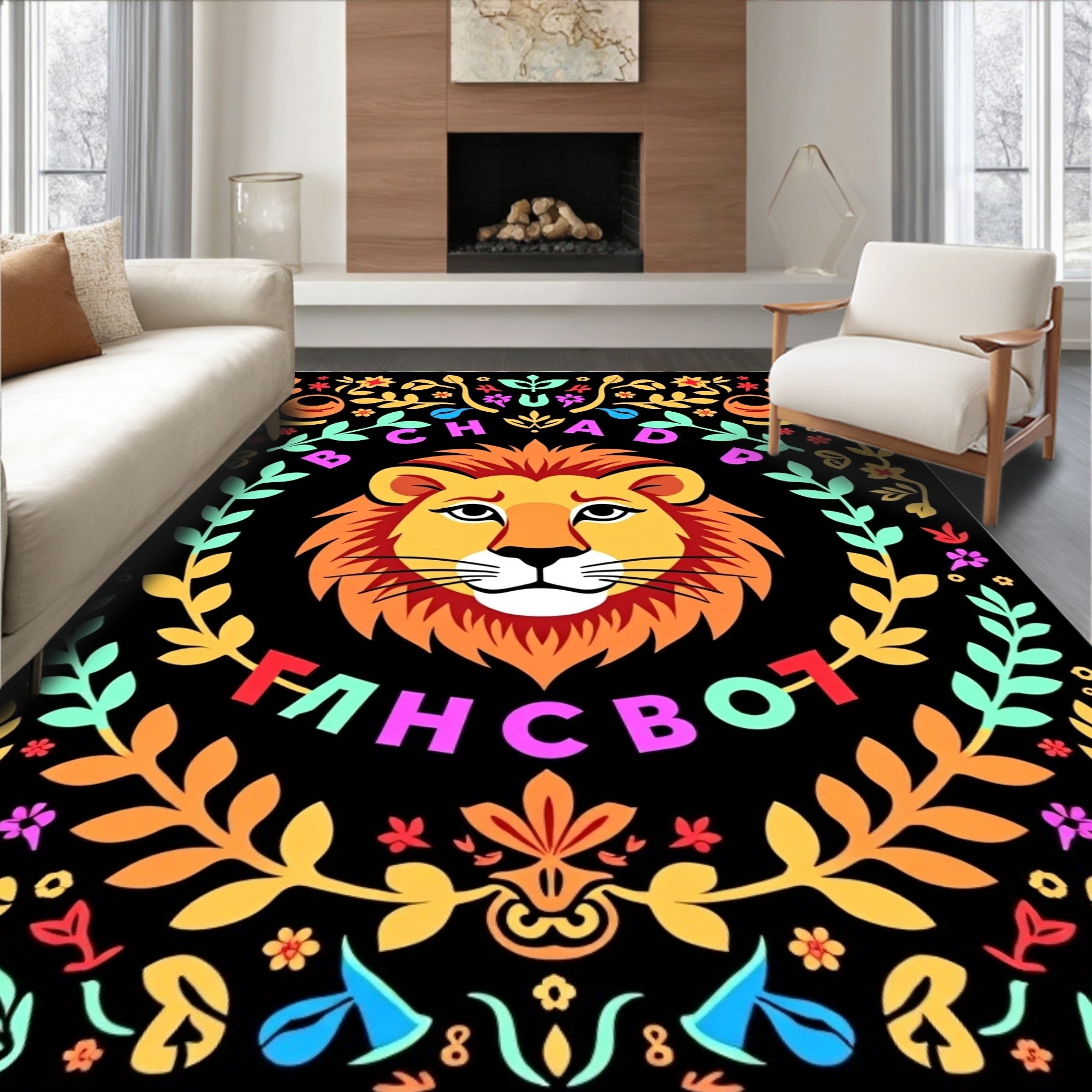 Bold Lion With Colorful Floral Border Rug