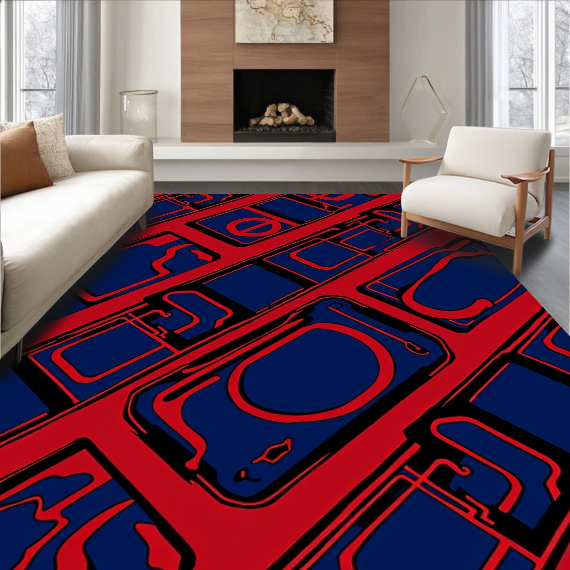 Crimson Blue Geometric Interlocking Rug