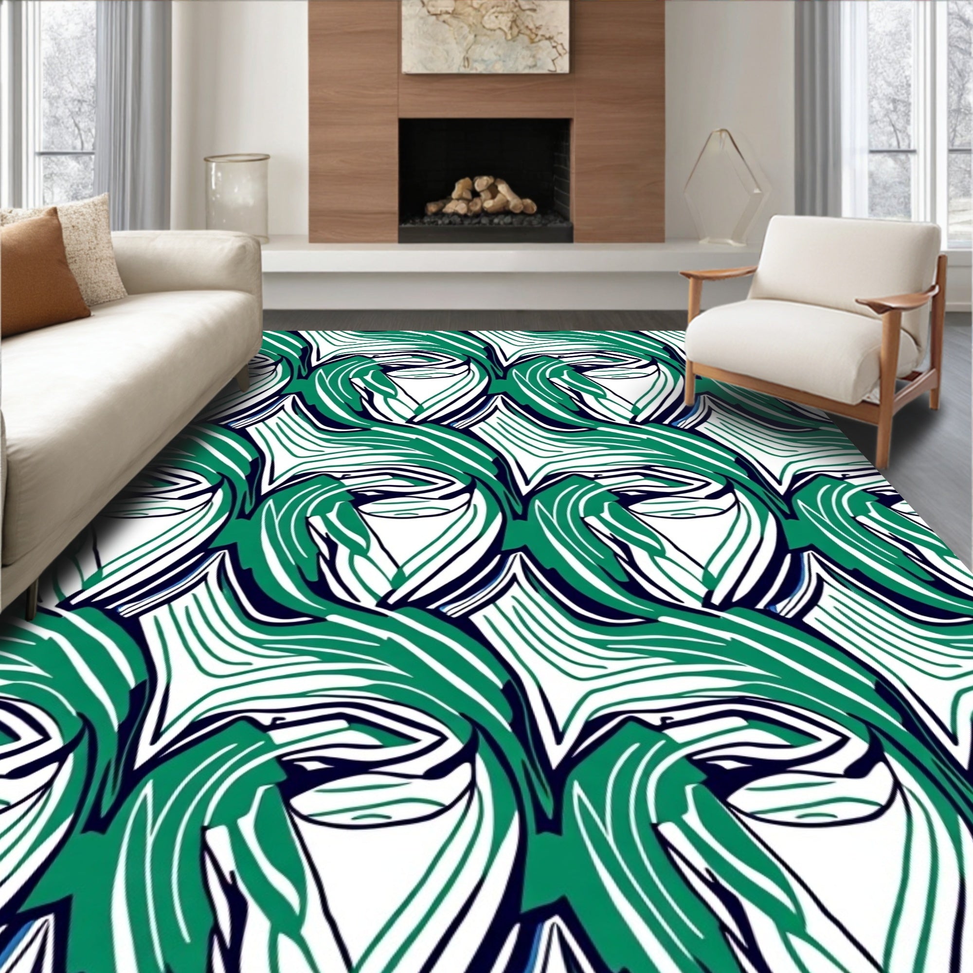 Abstract Emerald Swirls White Rug