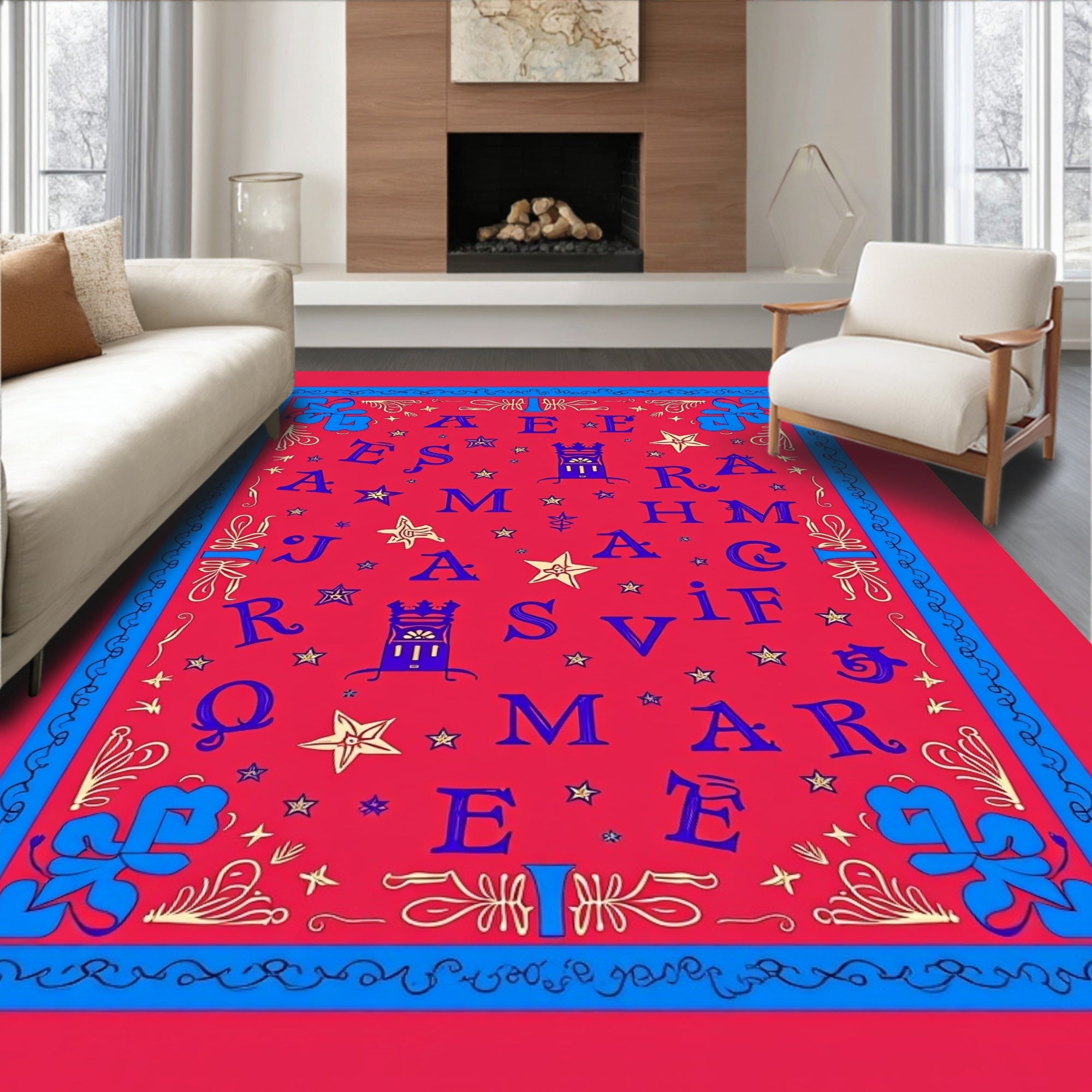 Red Blue Alphabet Star Border Rug
