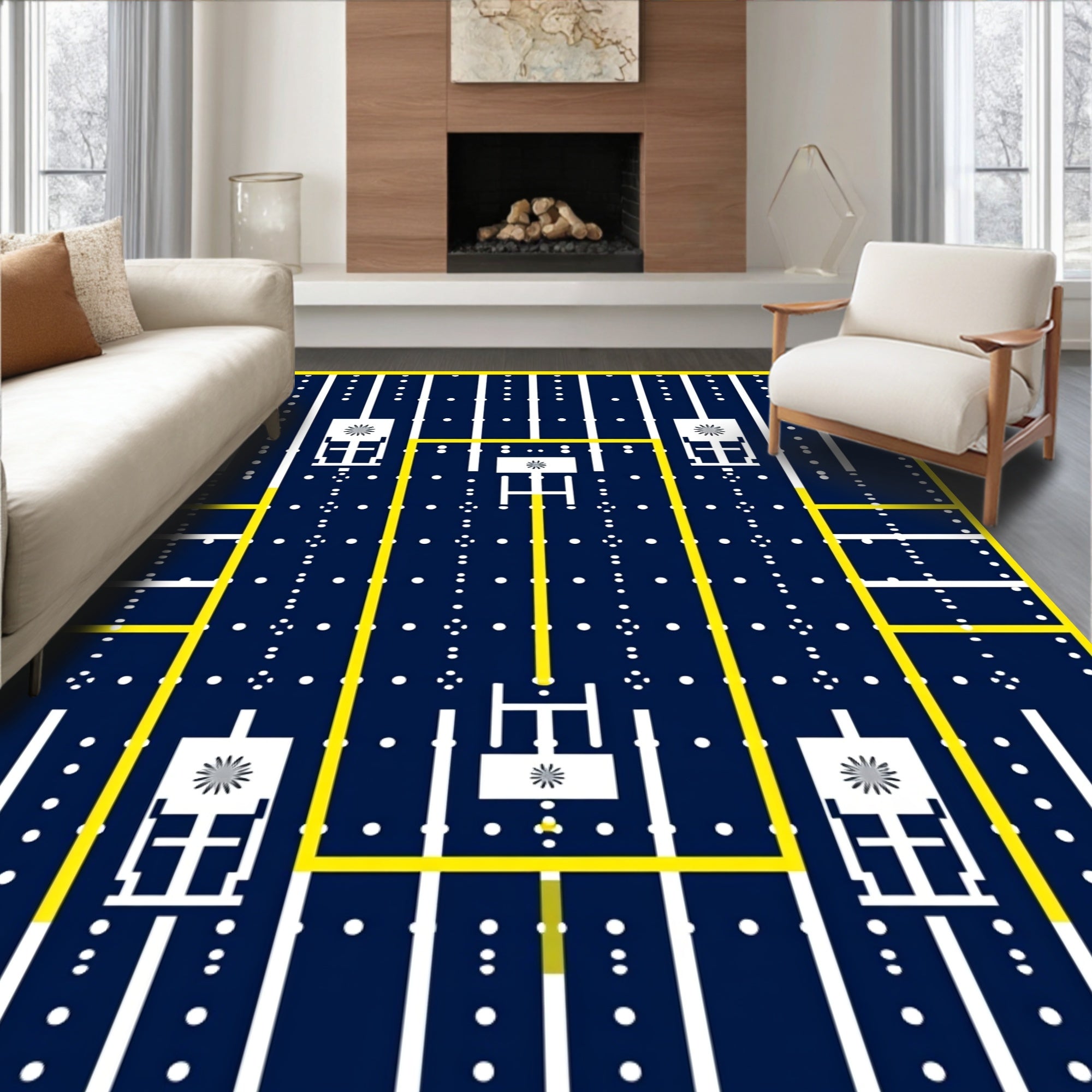 Bold Navy Yellow Geometric Sun Icon Rug