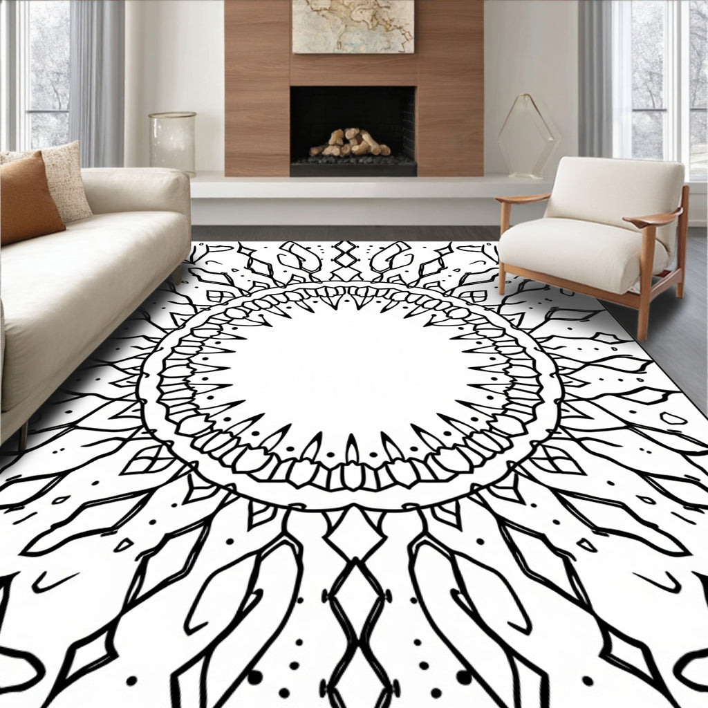 Bold Black Sunburst Geometric Mandala Rug