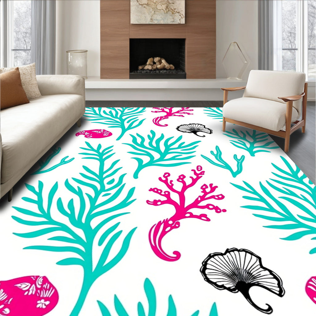 Coastal Coral Teal Pink Ginkgo Rug