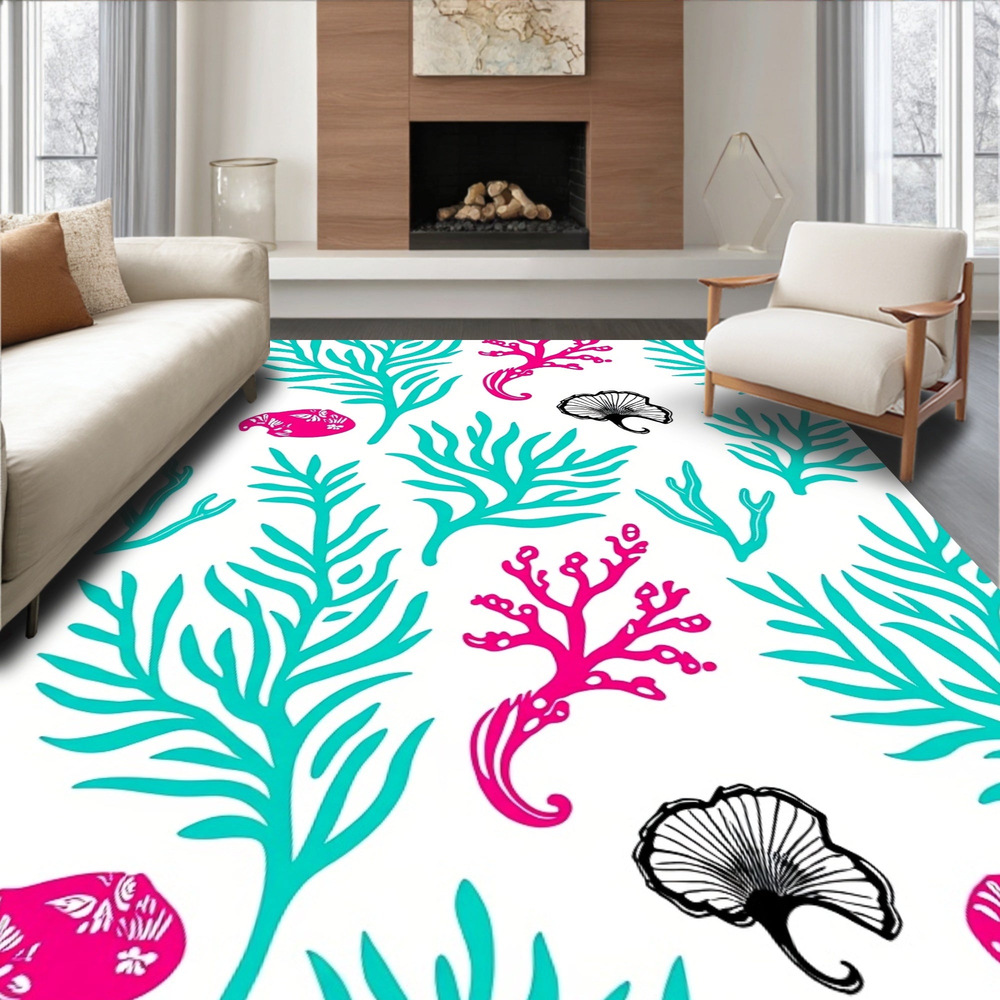 Coastal Coral Teal Pink Ginkgo Rug