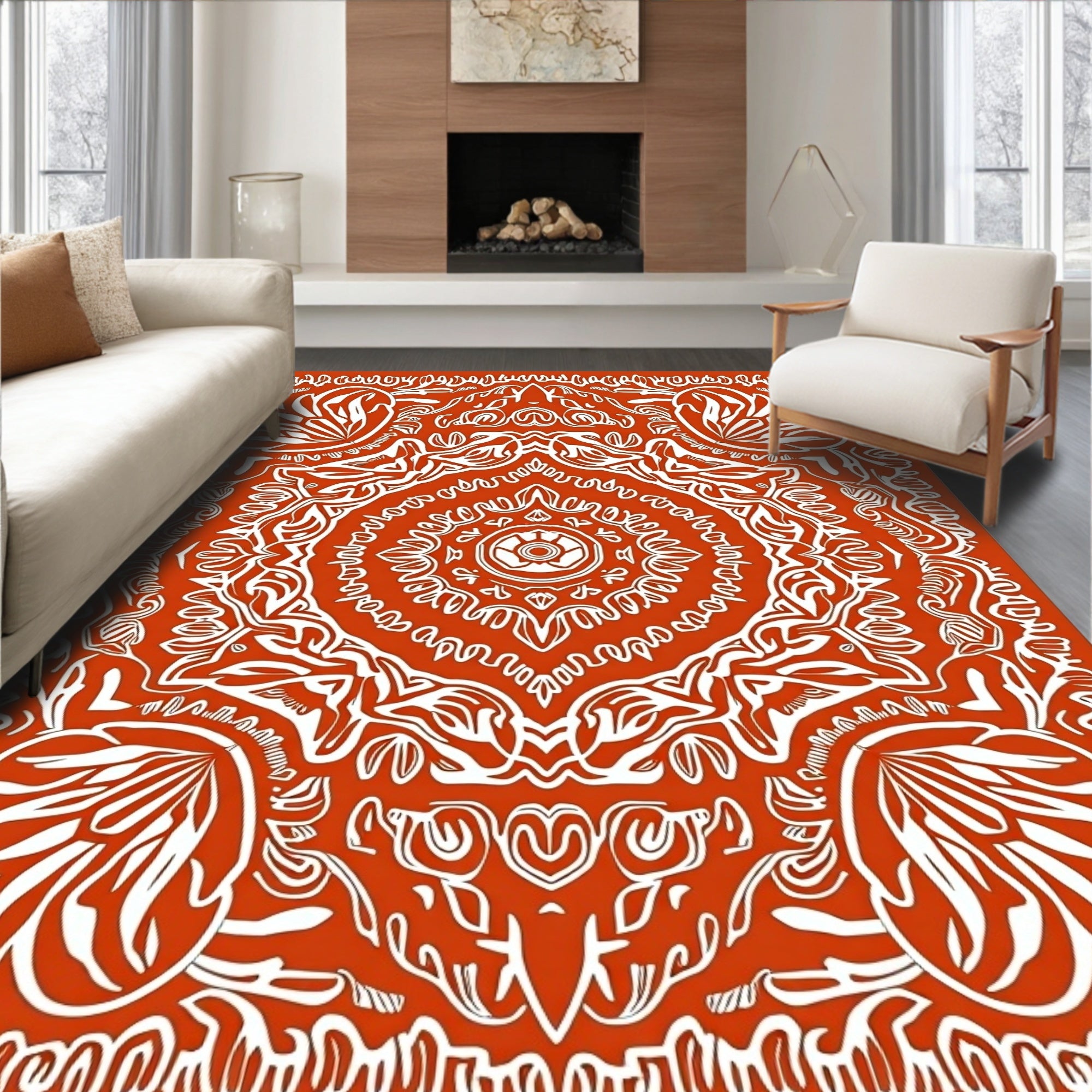 Vibrant Orange White Arabesque Medallion Rug