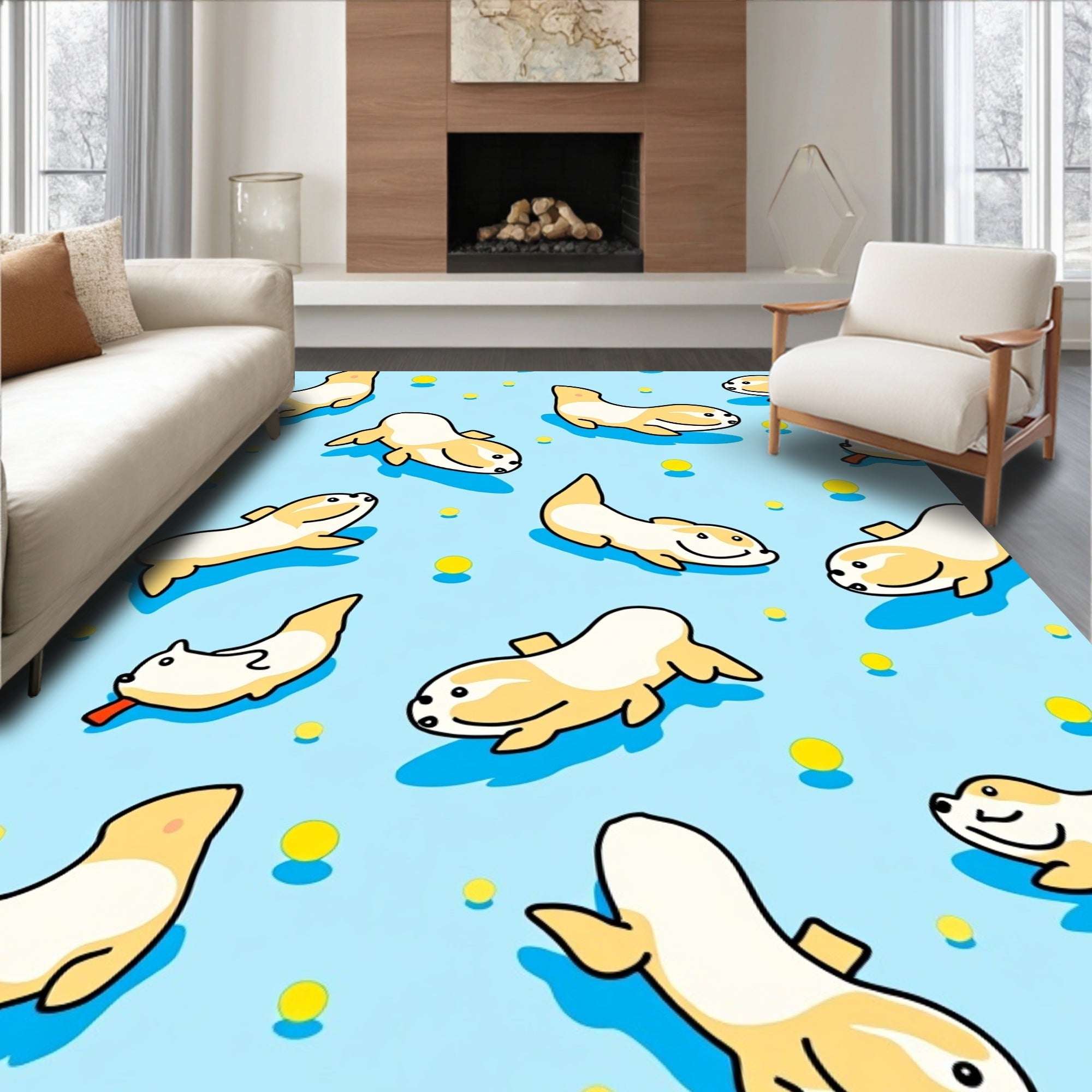 Cute Yellow Seal Pups Scattered Blue Rug